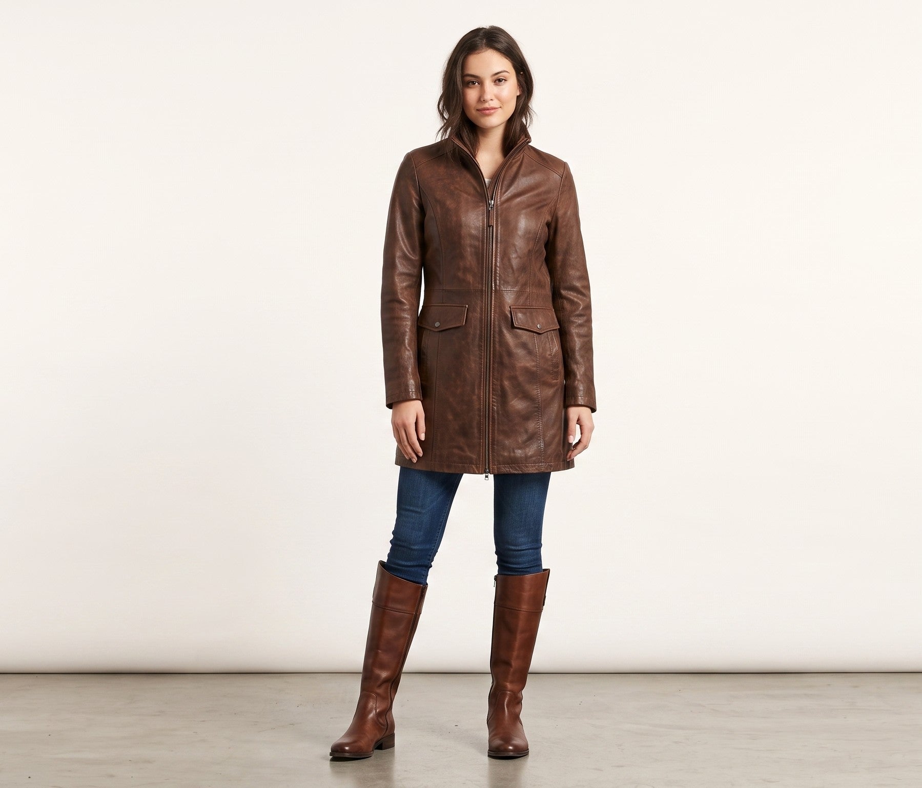 S&B Fashion Women L (M) Leather Jacket Brown Full Zipper Long Fit Classic Top