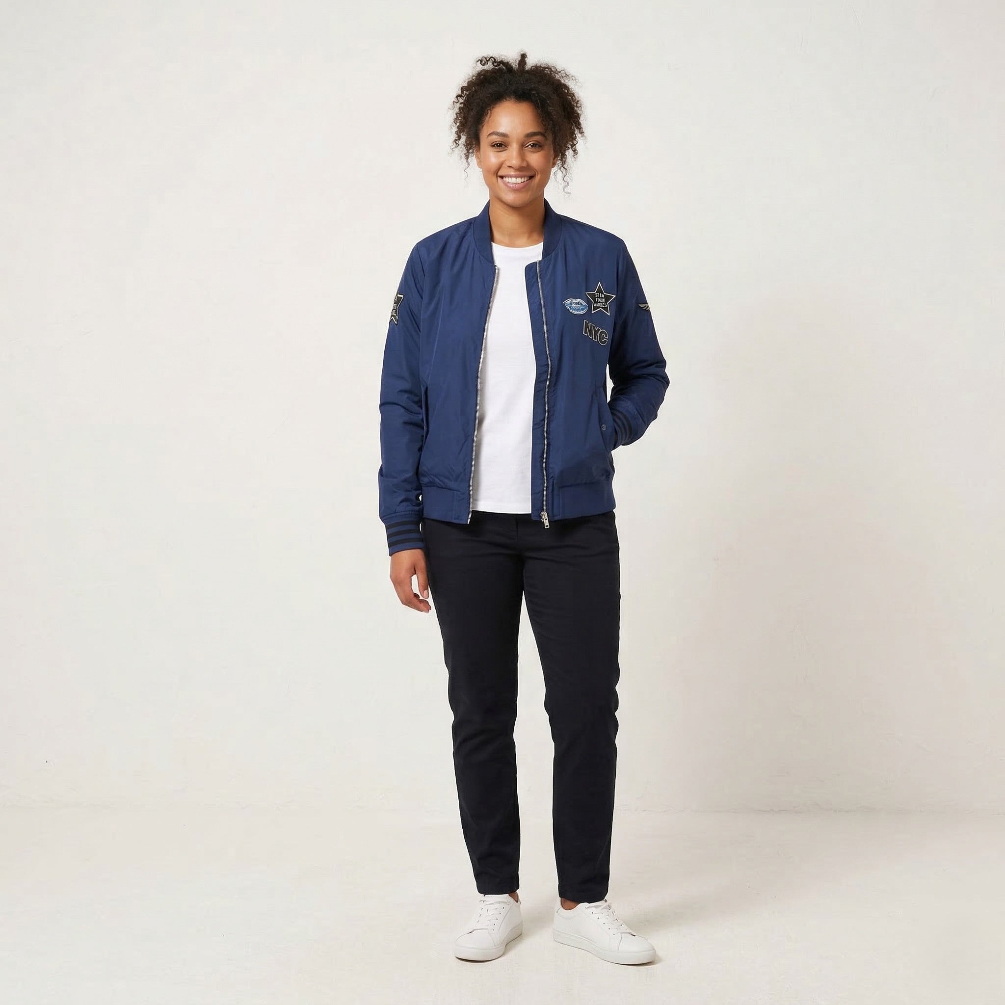 Adidas Neo Women XL Bomber Jacket Navy Lined Full Zip Emroidered Sport Top