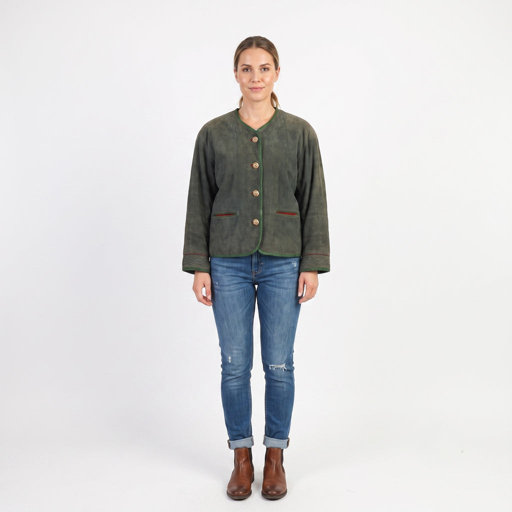 Zeiler Women 38 M Jacket Green Vintage Germany Velour Buttoned Shoulder Pads Top
