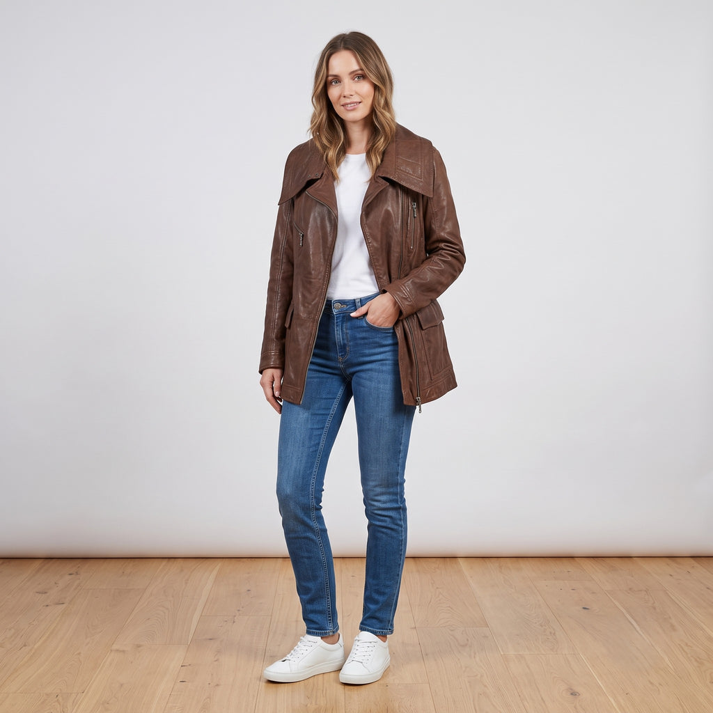 Madeleine Women 10 36 S Jacket Brown Leather Full Zipper Classic Lined Biker Top