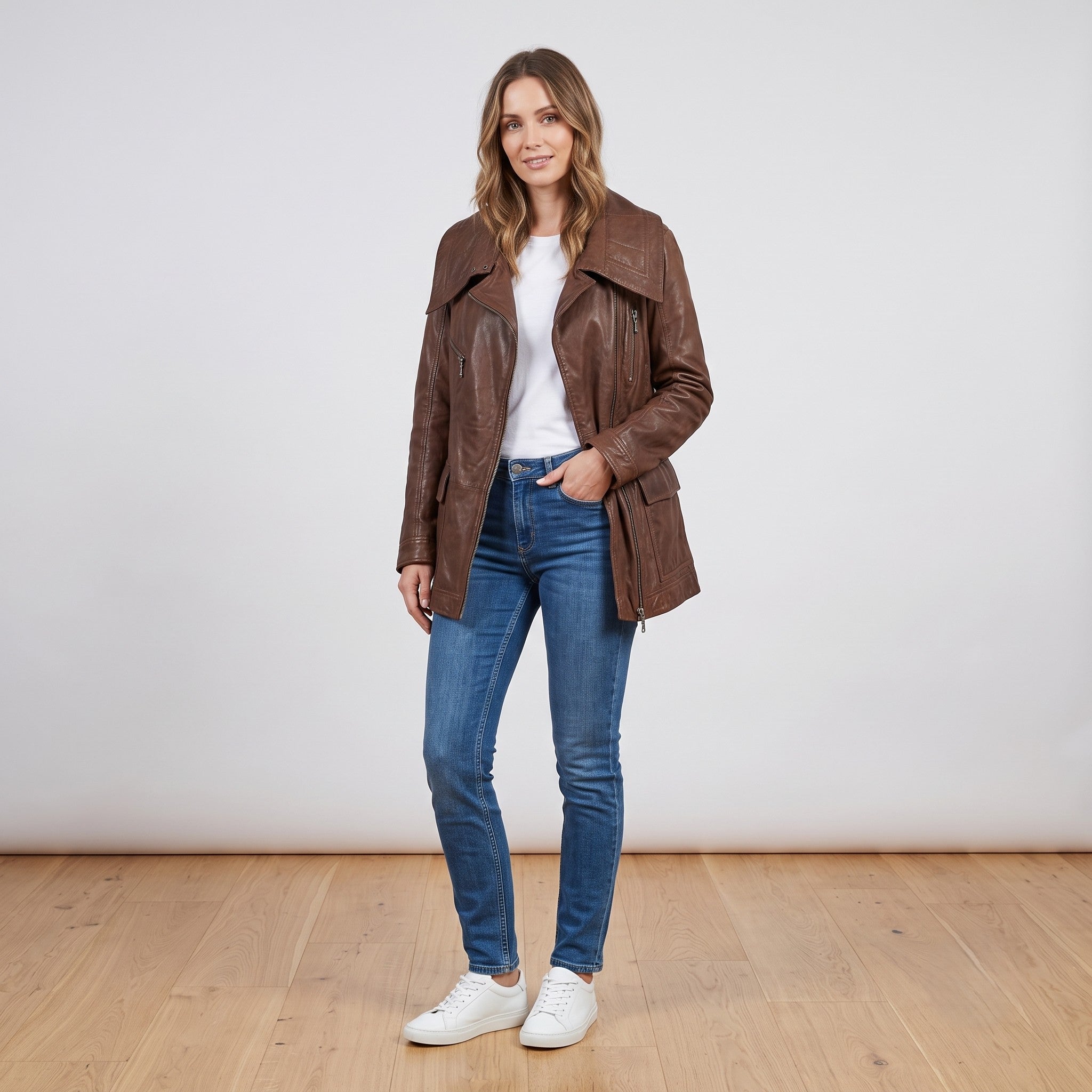 Madeleine Women 10 36 S Jacket Brown Leather Full Zipper Classic Lined Biker Top