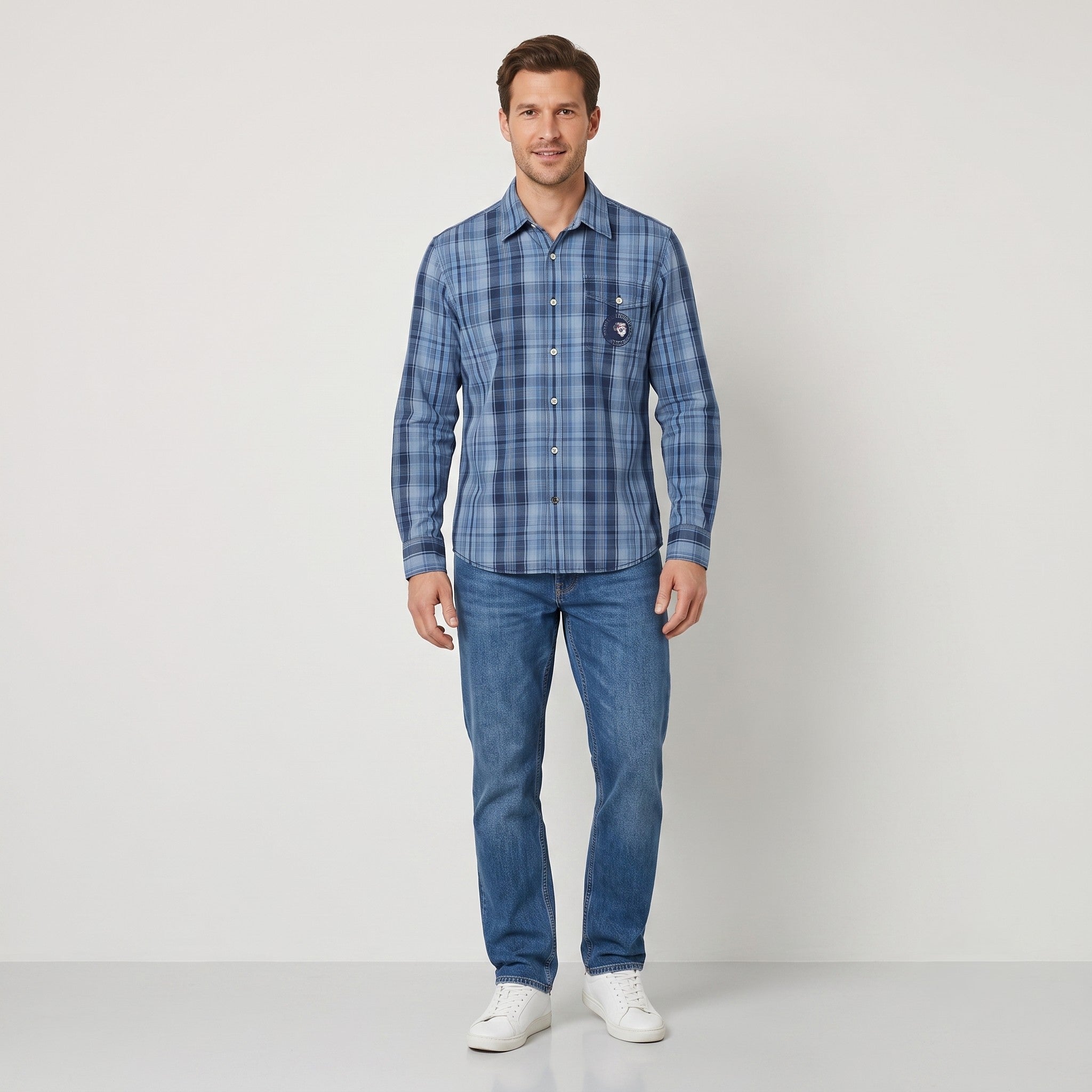 Napapijri Men M Casual Shirt Blue Check Cotton Slim Fit Expedition Long Sleeve Top