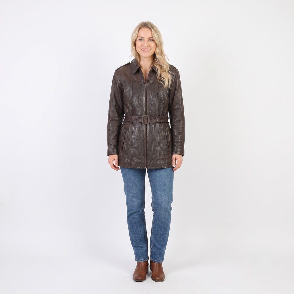 Saki Woman 38 M  Leather Jacket Dark Brown Collar Full Zipper Pockets  Vintage Belt  Top