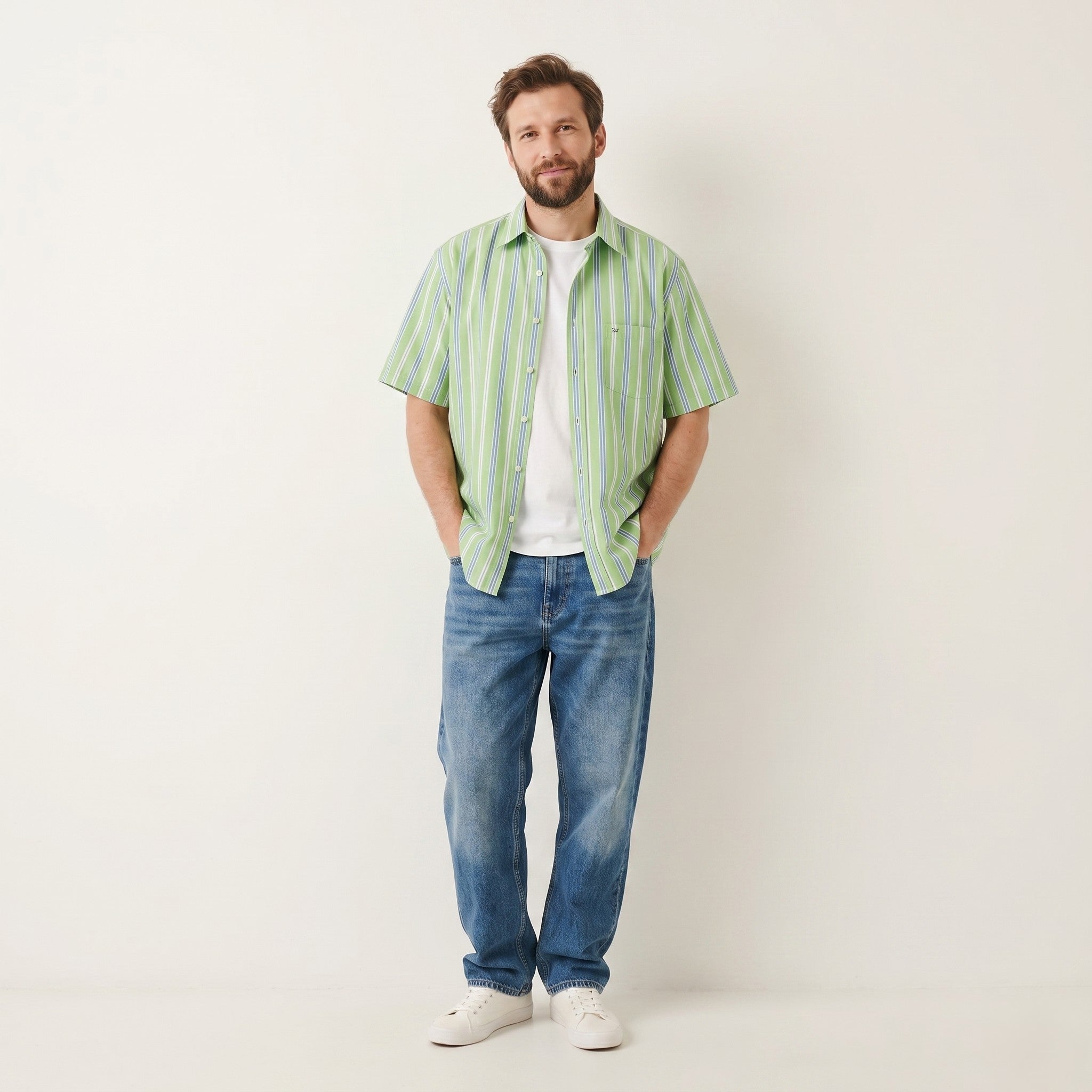 Paul & Shark Men 42 XL Casual Shirt Green Cotton Striped Pocket Short Sleeve Top
