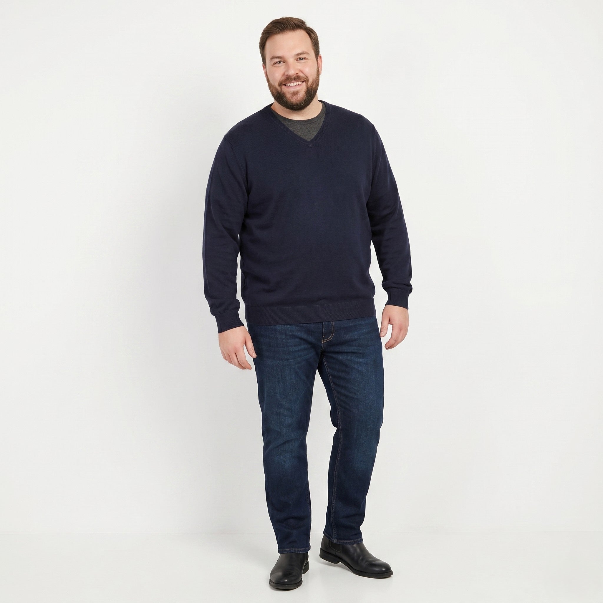 Maglione XXL da uomo TM Lewin Navy 100% lana merino con scollo a V morbido maglione semplice