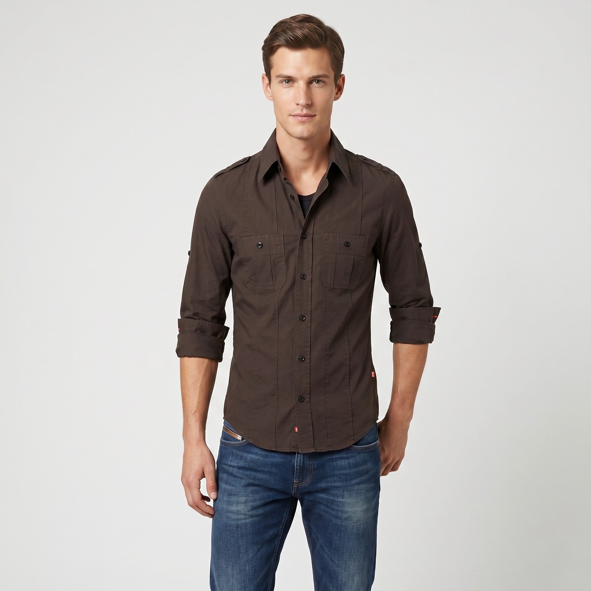 Hugo Boss Men S Casual Shirt Brown Cotton Military Pockets Long Sleeve Top