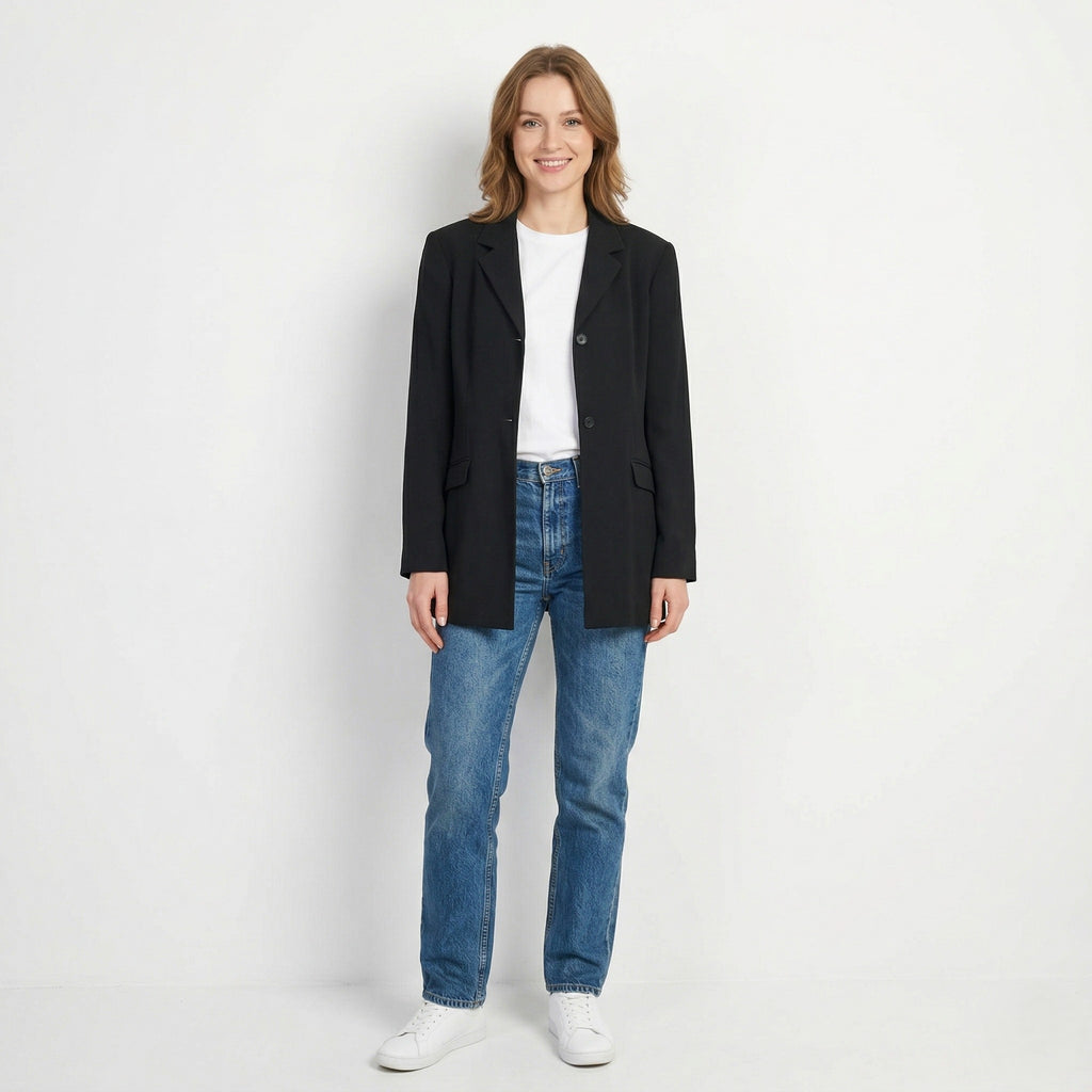 Jones New York Women 10 M Blazer Black Shiny  Triacetate Single Breasted Long Jacket