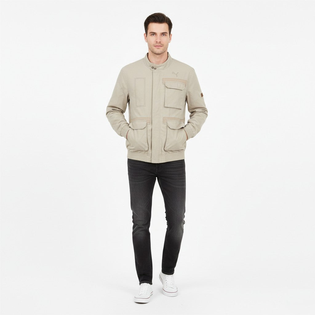 Puma Men S Jacket Pockets Full Zipper Beige Cotton  Outwear Bomber Collar  Top