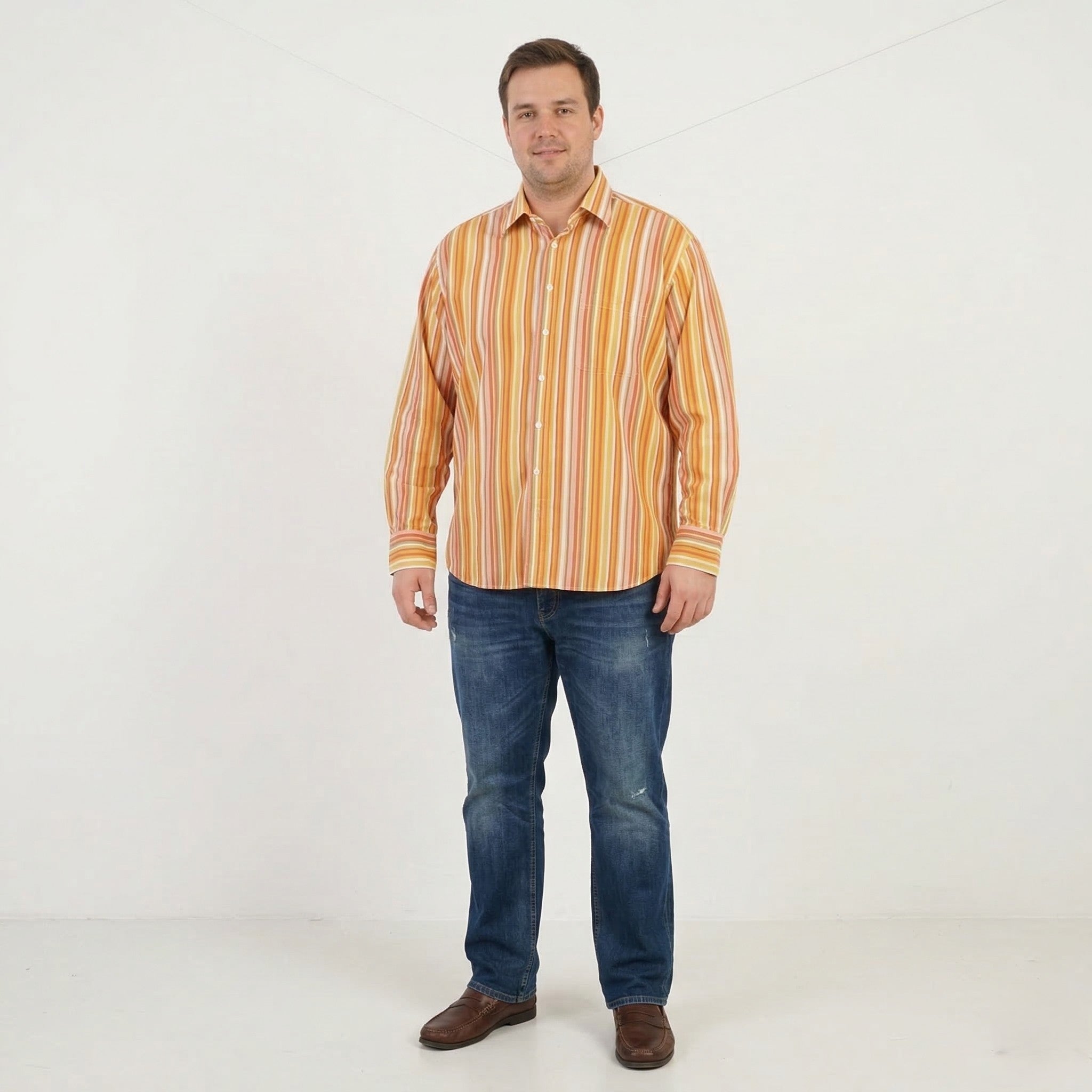 Gant Men XL Casual Shirt Orange Striped Cotton Two Ply Poplin Slim Fit Long Sleeve Top