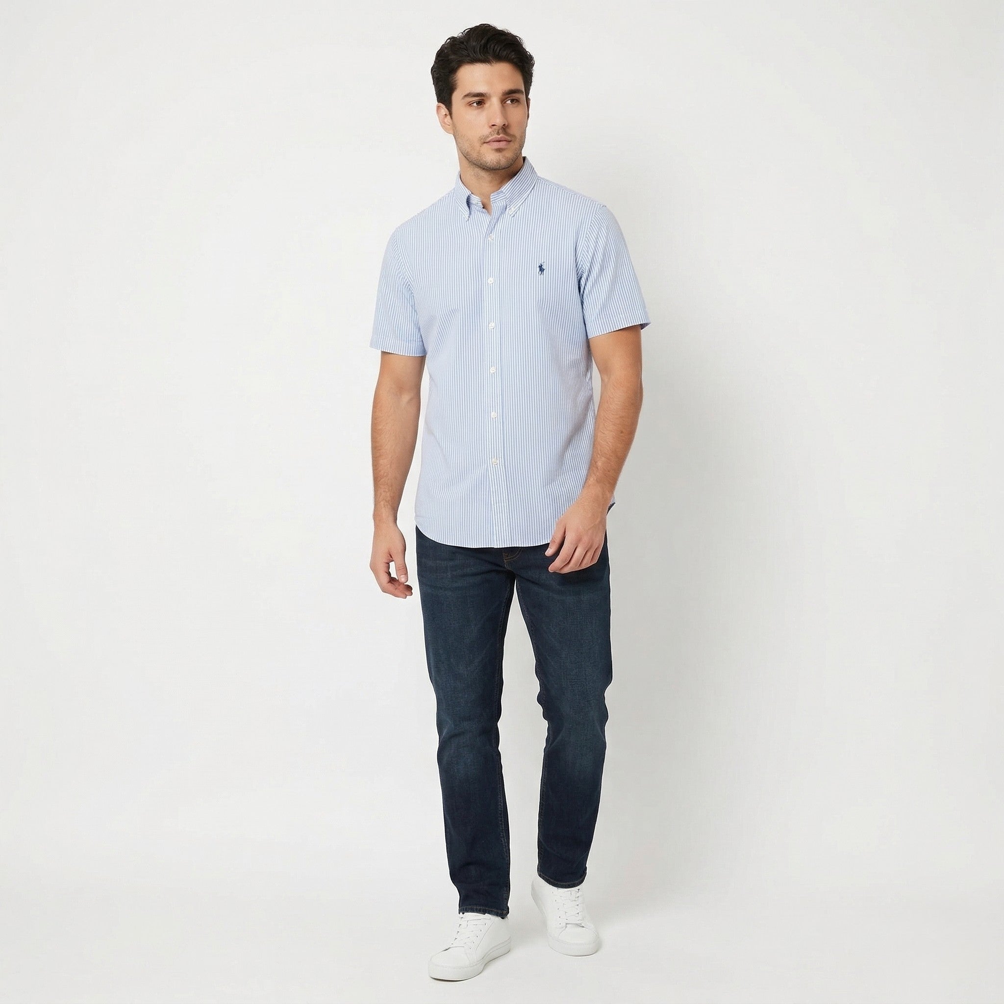Polo By Ralph Lauren Men 16 40/41 L Casual Shirt Blue Striped Cotton Custom Fit Top