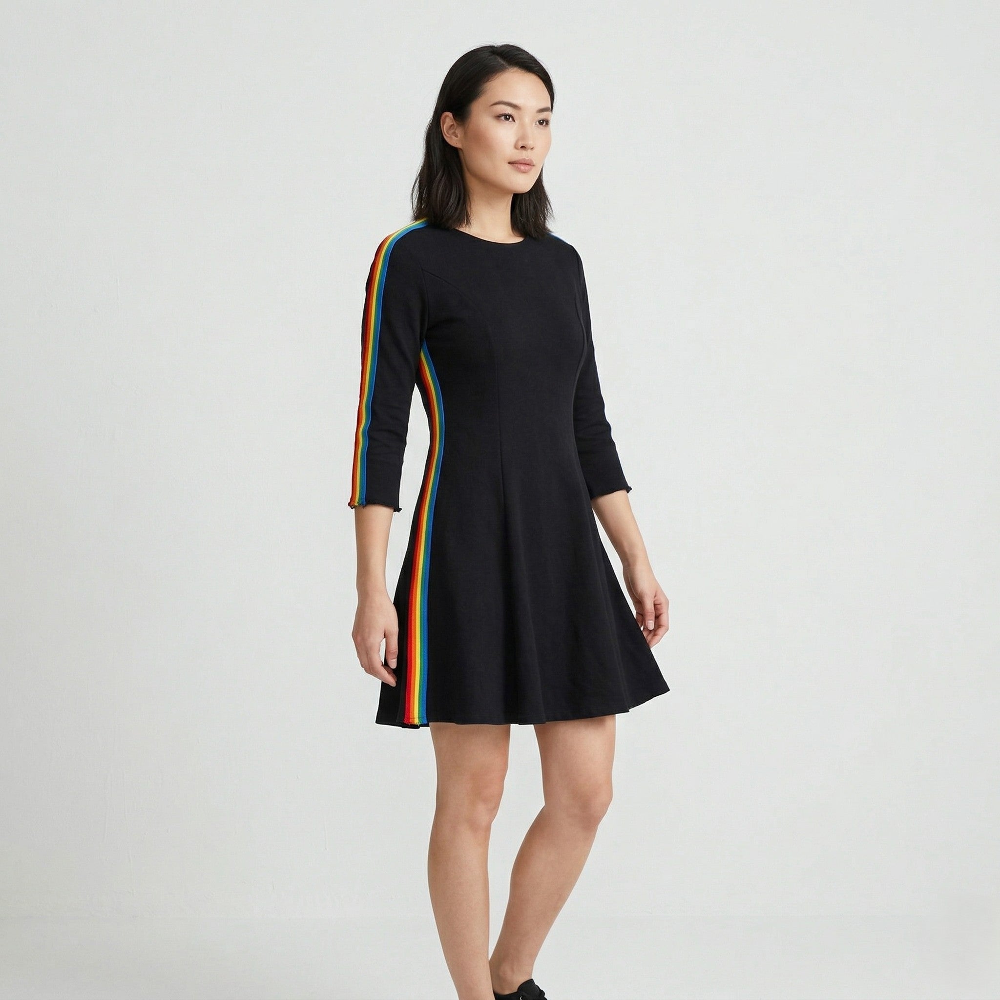 KLING Women 3 M Mini Dress Black Long Sleeve Rainbow Stripes Crew Neck