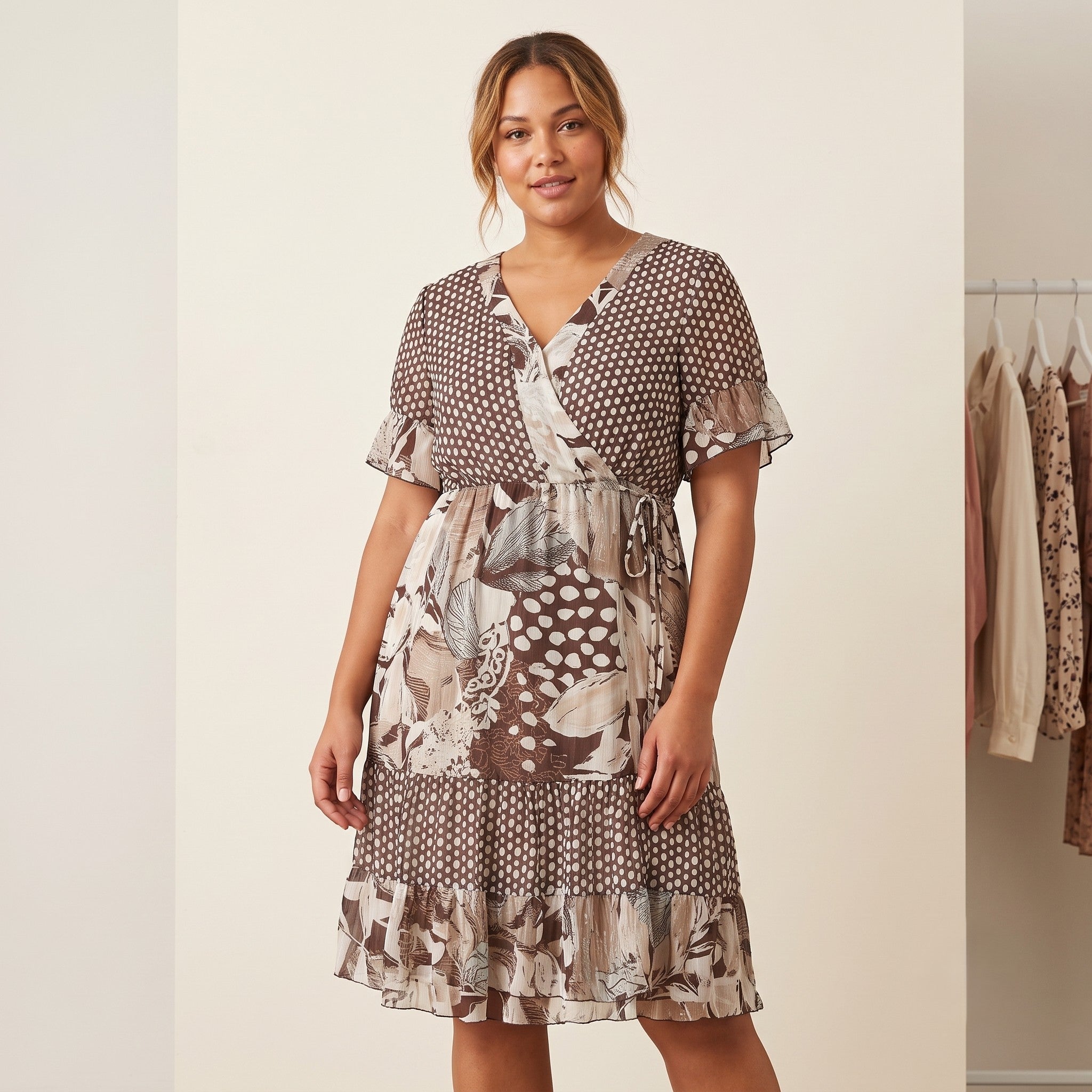 Gerry Weber Women 20 46 Dress Brown 100% Silk Multi Printed V Neck Elegant
