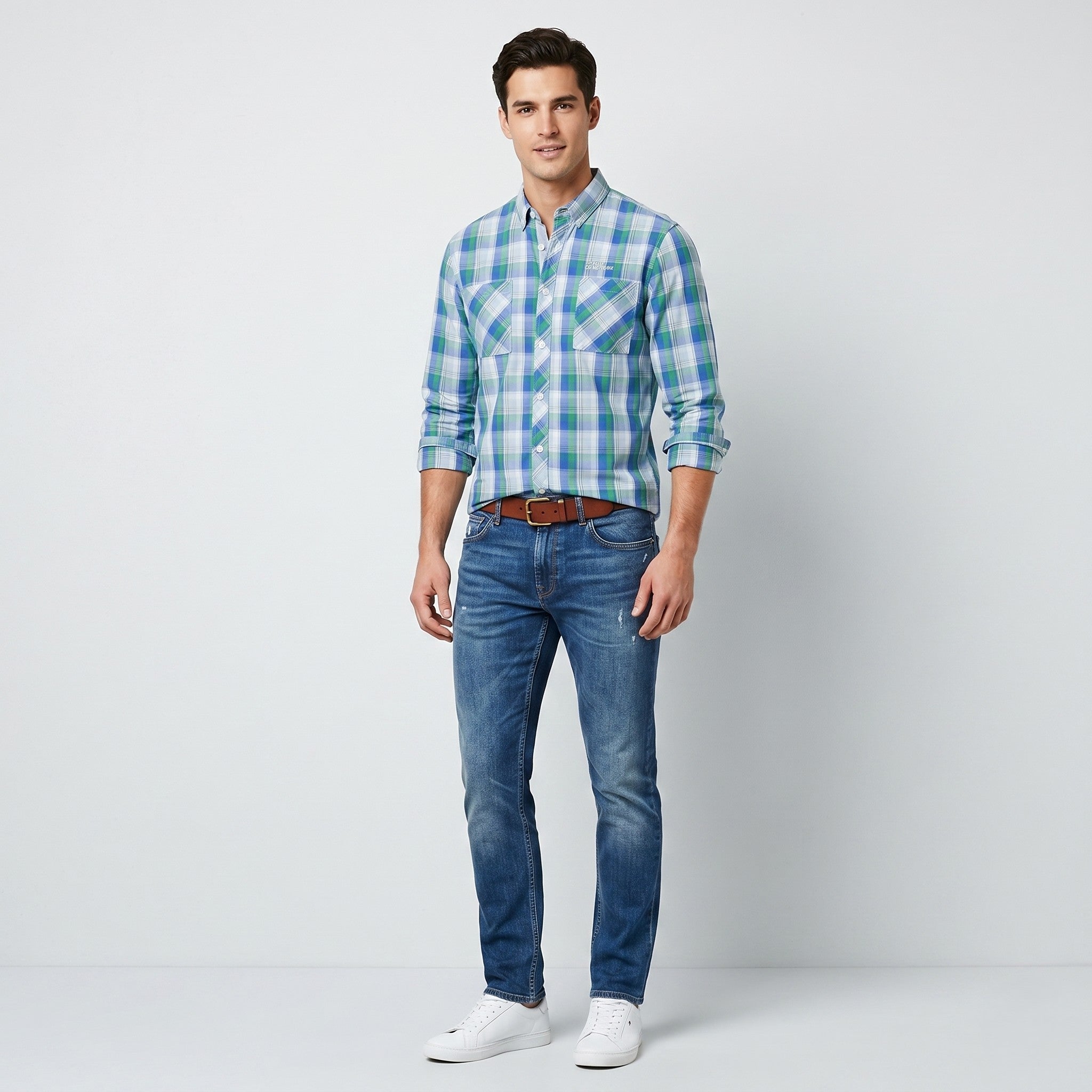 Hilfiger Denim Men XL (L) Casual Shirt Blue Cotton Checkered Button Down Collar Top