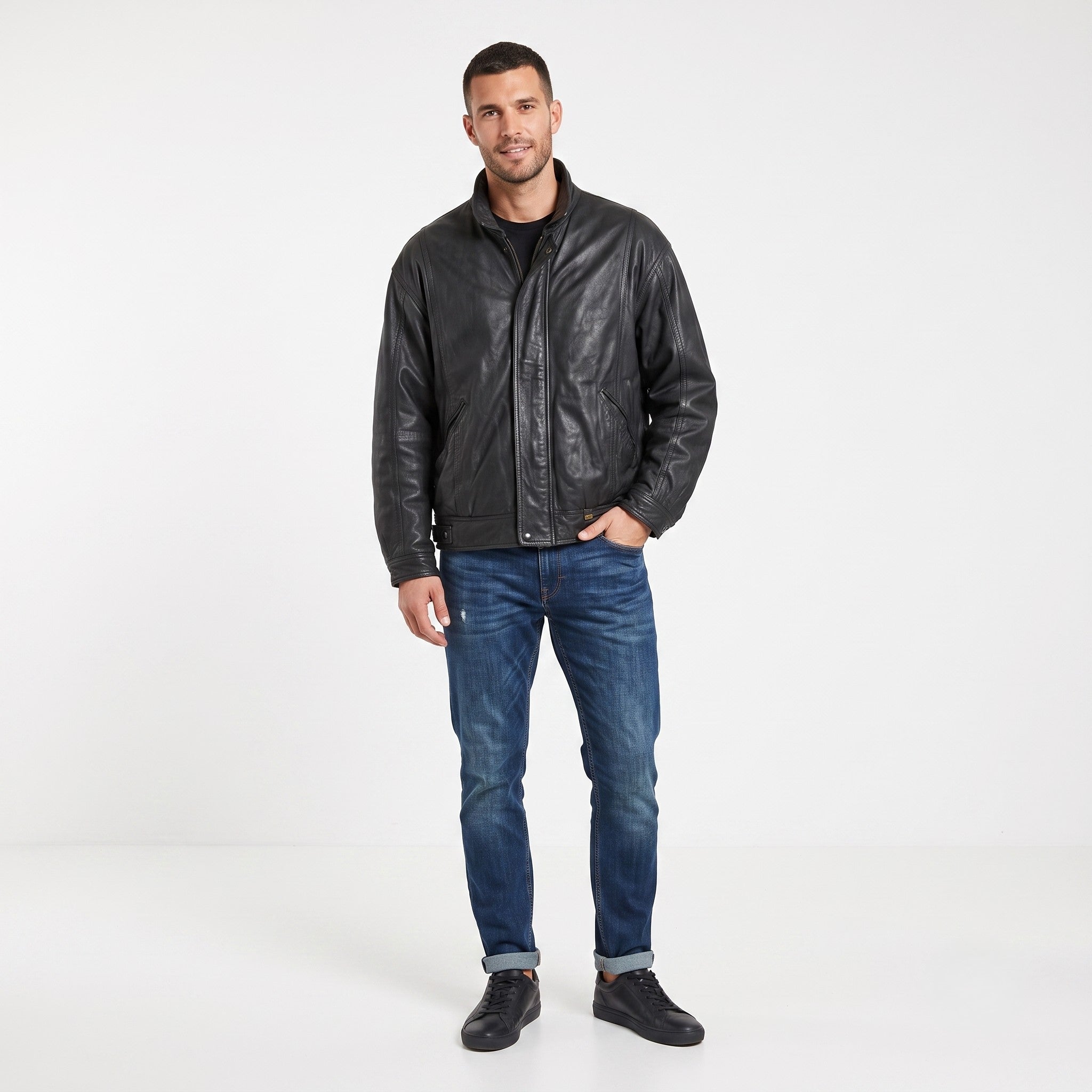 Saki Men L Leather Jacket Vintage Black Full Zipper Collar  Long Sleeve Pockets Top