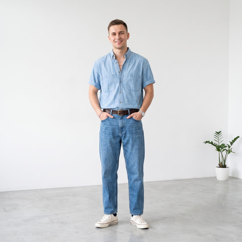 New Orleans Men M Casual Shirt Blue Jeans Vintage Denim Basic Cotton Short Sleeve Top