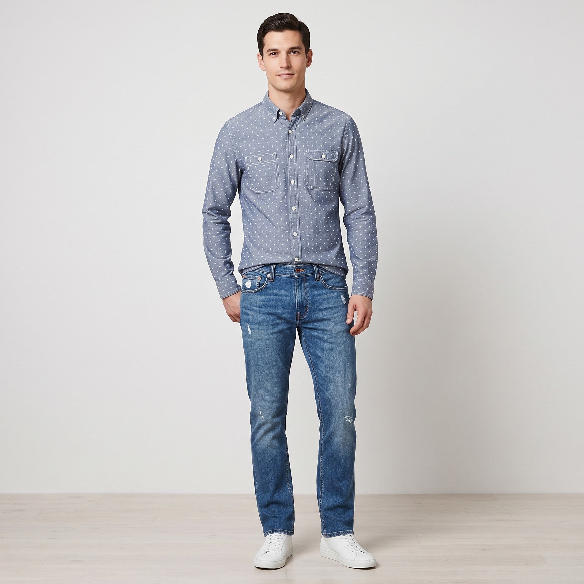 Allsaints Men L (M) Casual Shirt Blue Cotton Wash Dots Birkdale Long Sleeve Top