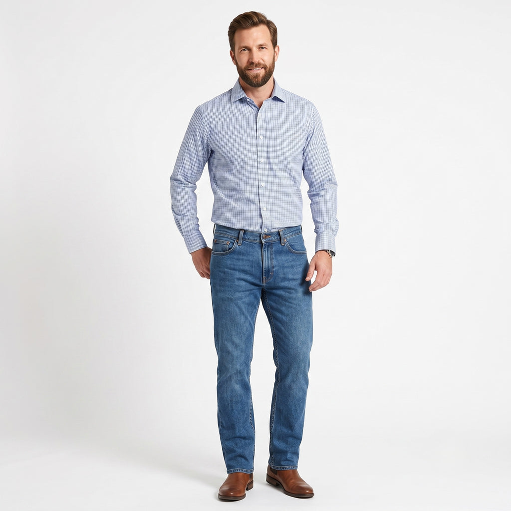 Jaeger Men 15.5 39 M Casual Shirt Blue Houndstooth Cotton Long Sleeve Top