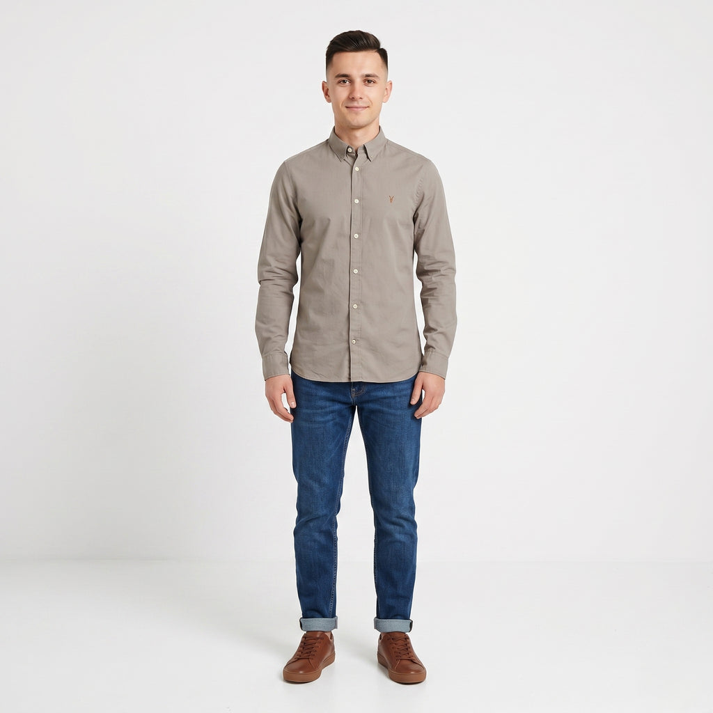 AllSaints Men XS Casual Shirt Brown Cotton Redondo Plain Long Sleeve Top