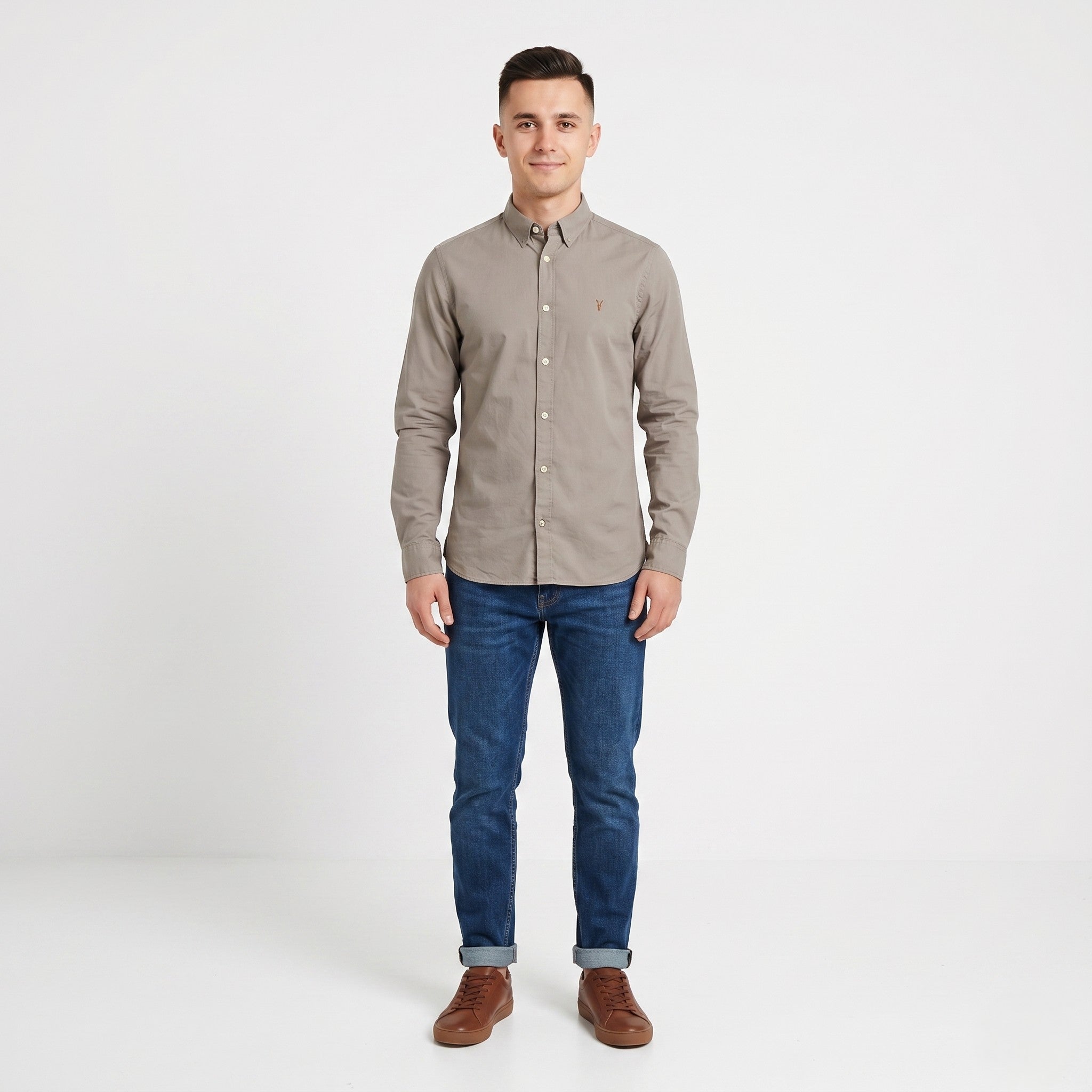 AllSaints Men XS Casual Shirt Brown Cotton Redondo Plain Long Sleeve Top