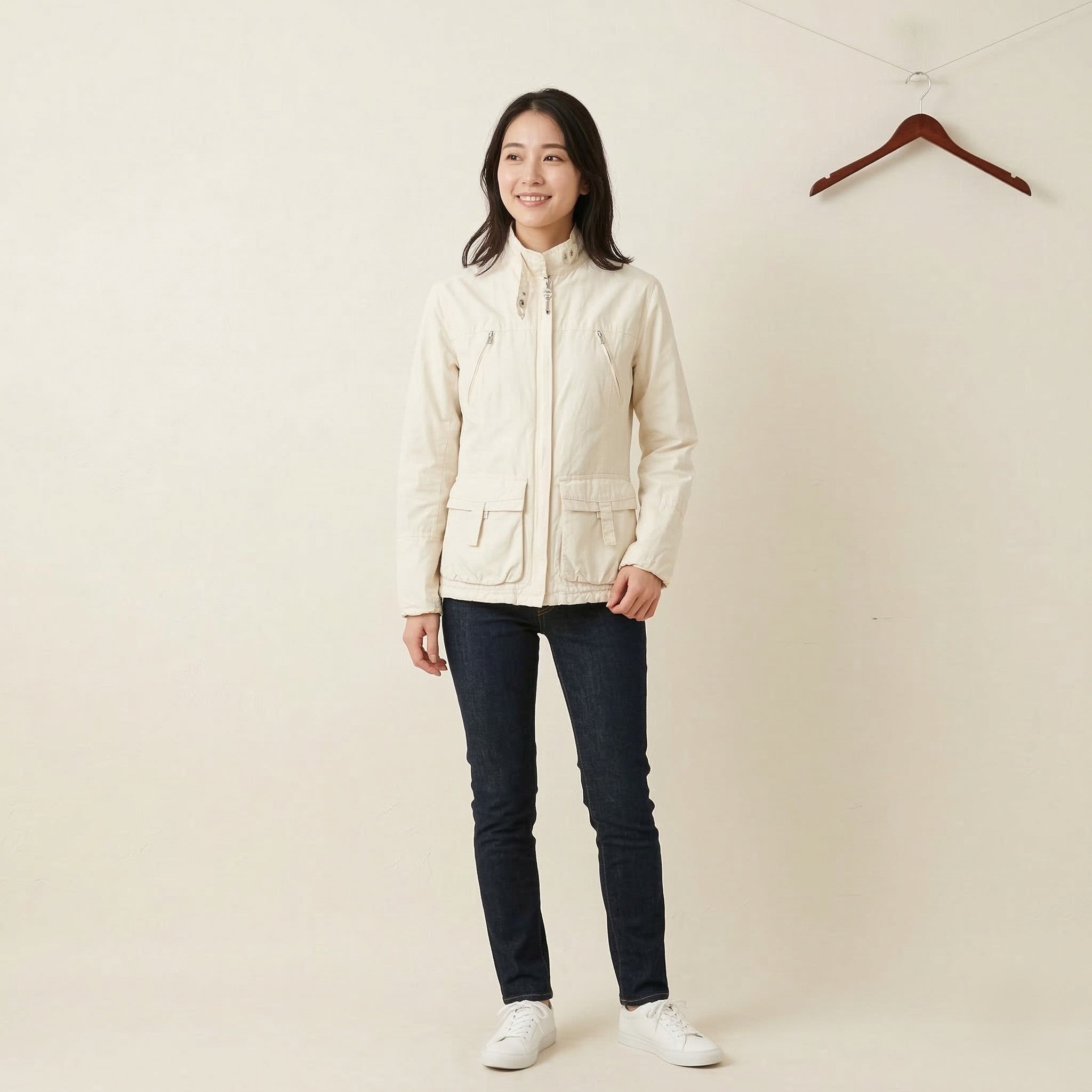 Napapijri Women S Jacket Property Cream Cotton Nylon Lightweight Zip Up Top