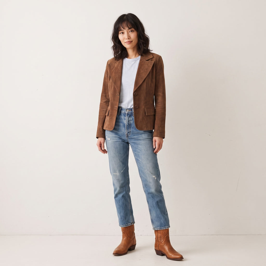Vera Pelle Women 10 S Jacket Brown 100% Leather Suede Single Breasted Blazer Top