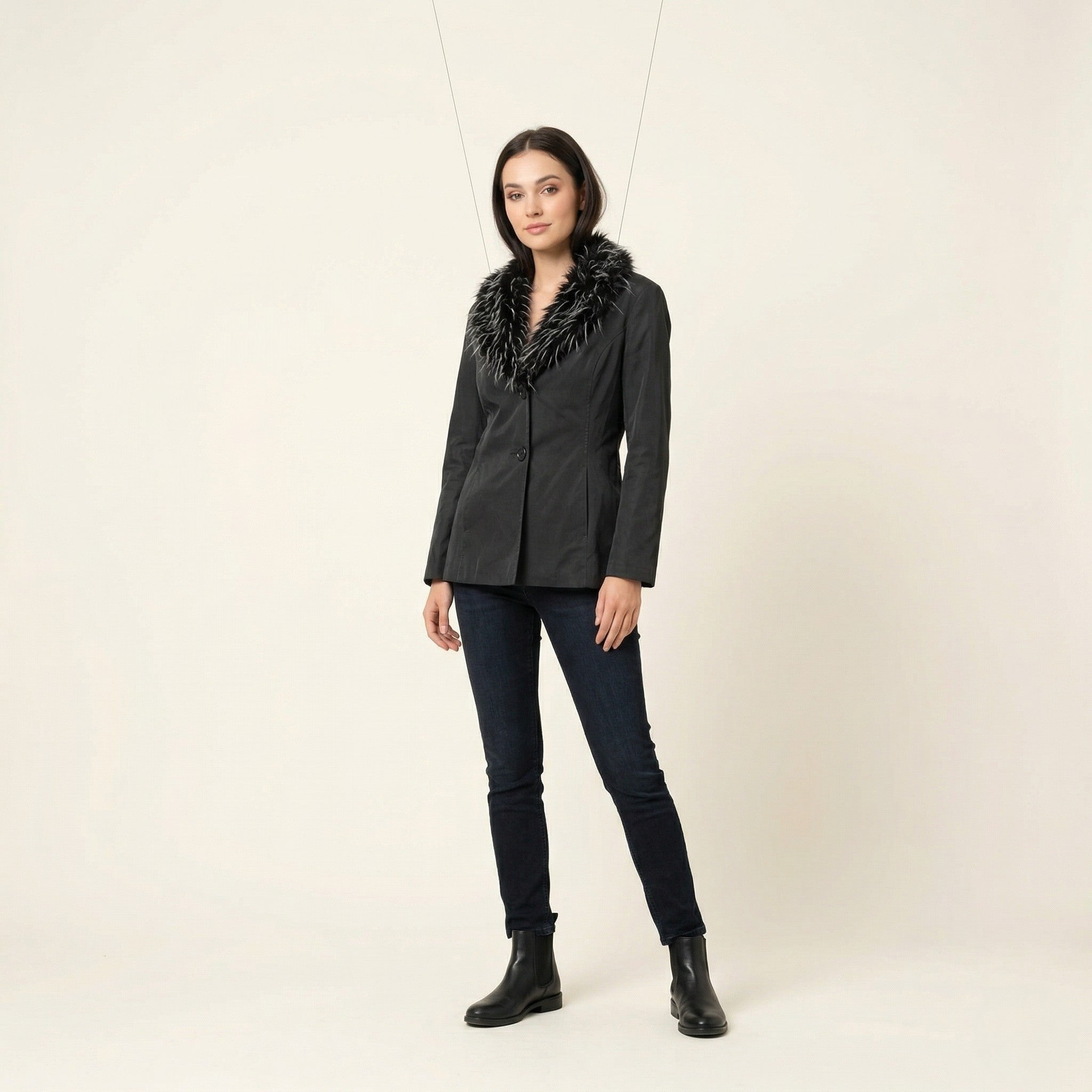 Gipsy by Mauritius Women M Jacket Black Shiny Faux Fur Casual Single Breasted Blazer