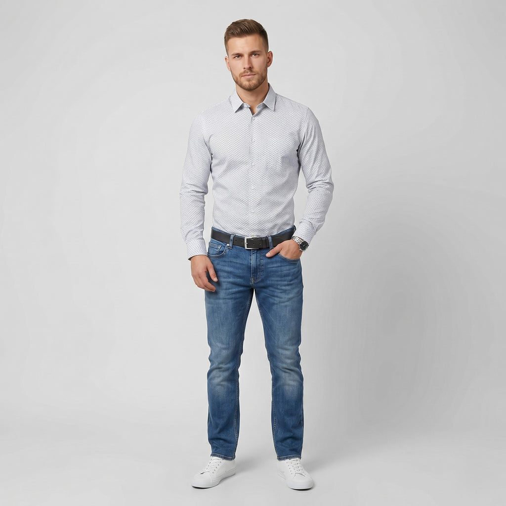 Hugo Boss Men L Casual Shirt White Blue Cotton Printed Long Sleeve Slim Fit Geometric Top