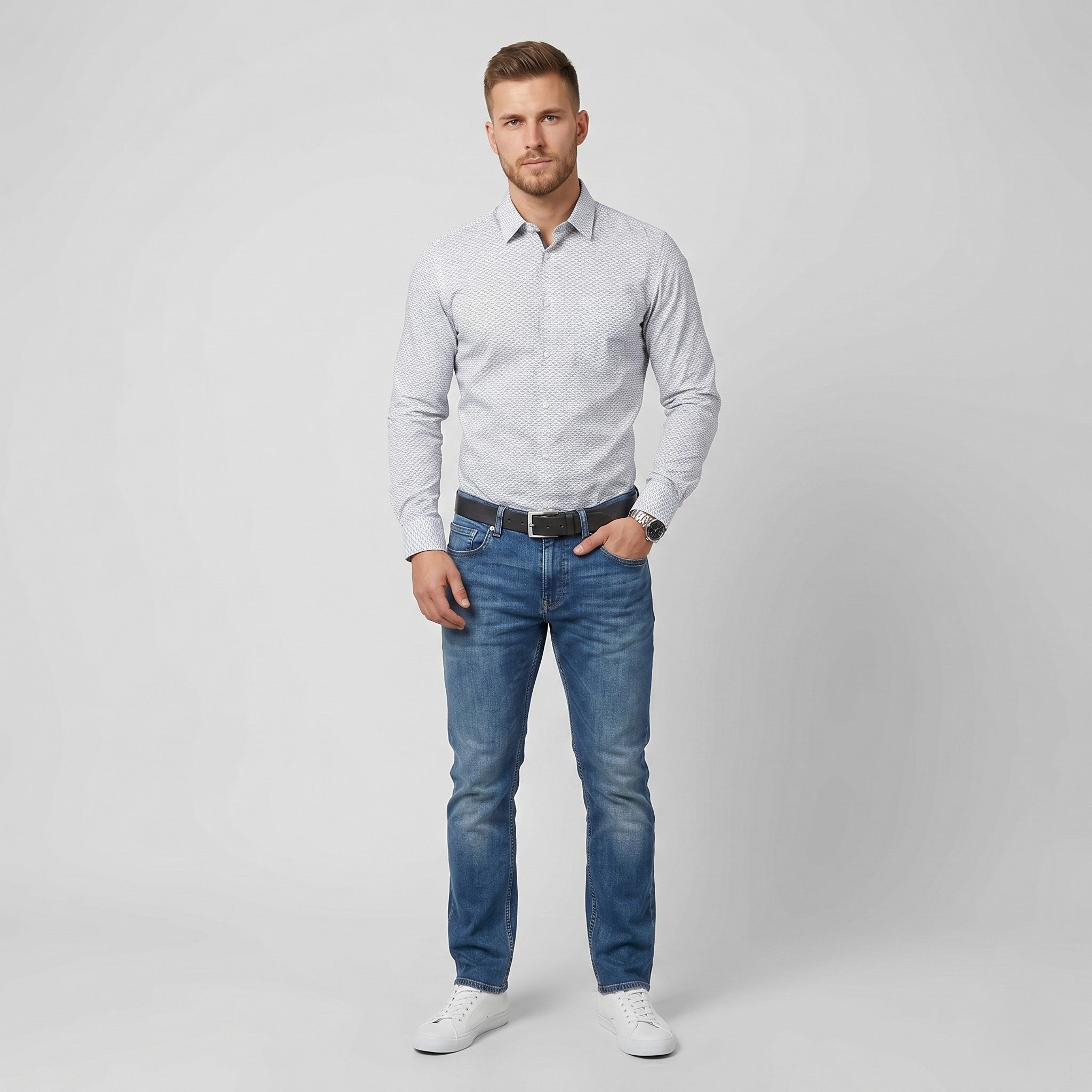 Hugo Boss Men L Casual Shirt White Blue Cotton Printed Long Sleeve Slim Fit Geometric Top