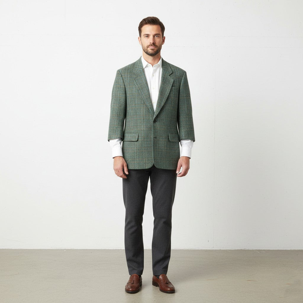 Fine Scottish Cloth By Kynoch Men 40 50 Blazer Green Wool Check Vintage 2/3 Sleeve Jacket