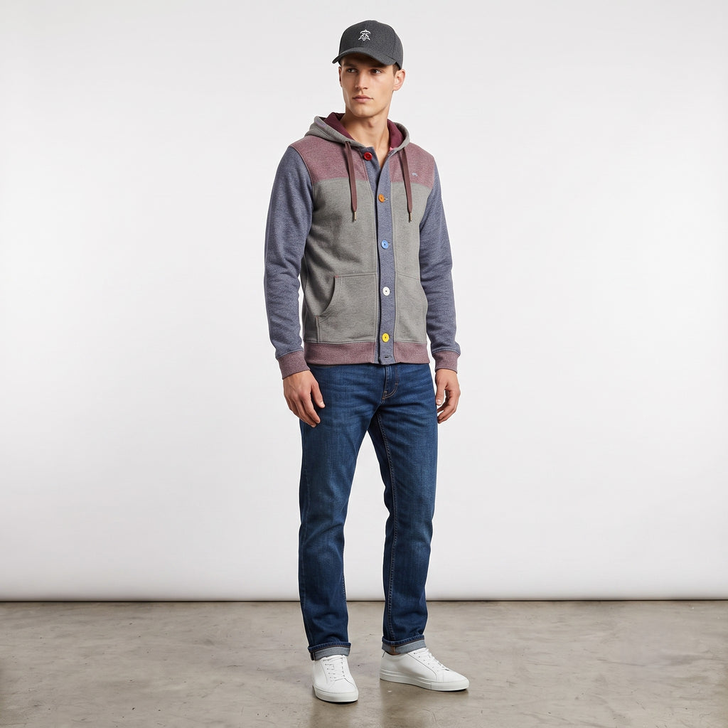 Moods Of Norway Men L Sweatshirt Gray Cotton Buttoned Design Vintage Hooded Top