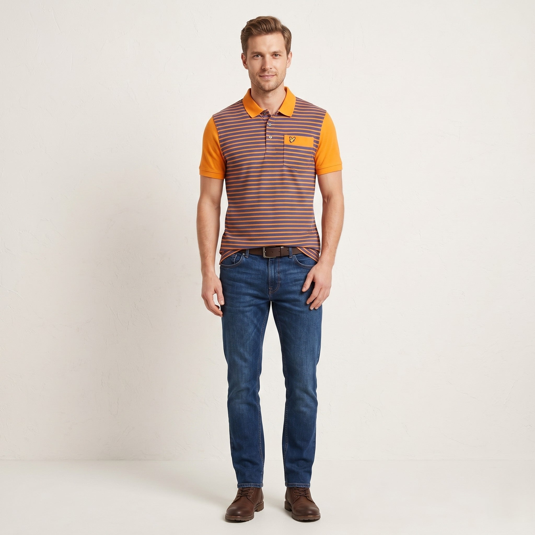Lyle & Scott Men M Polo Shirt Striped Short Sleeve Navy Orange Scotland Cotton Top
