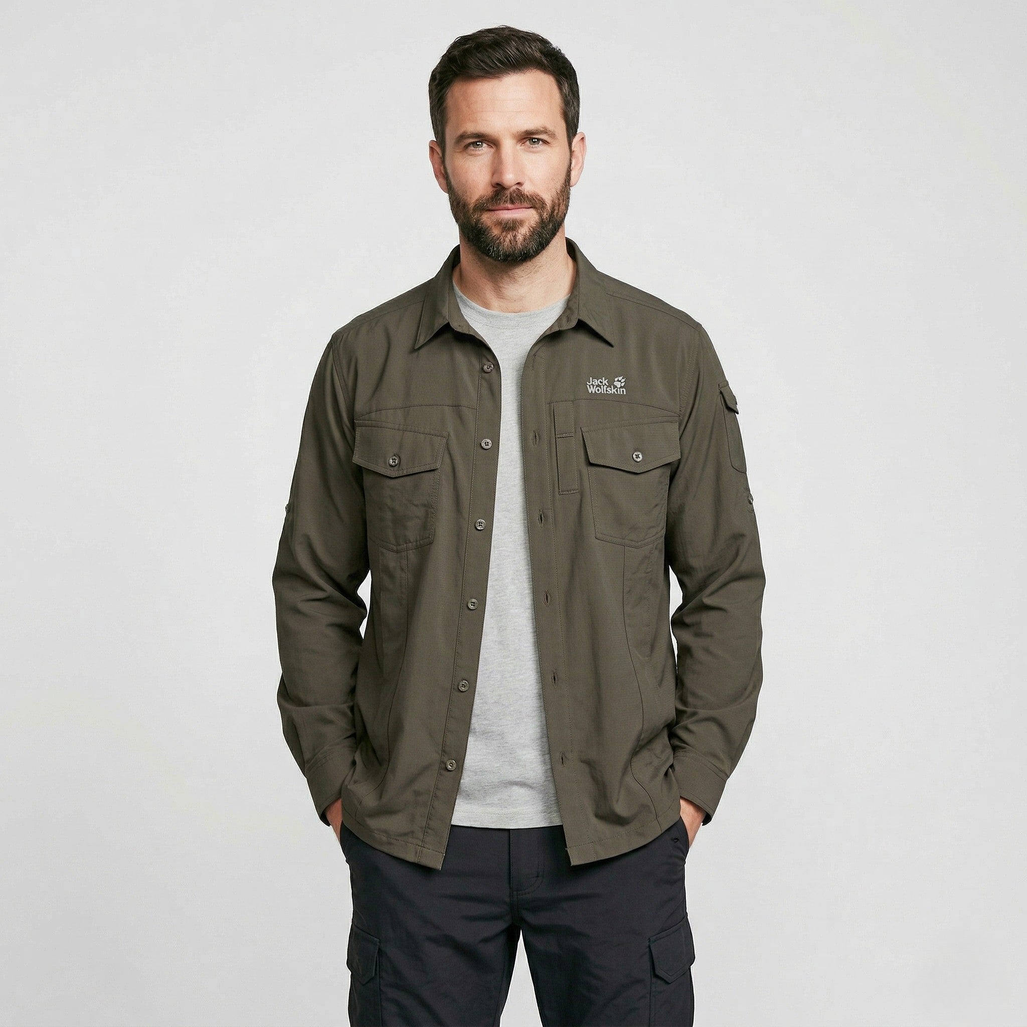 Jack Wolfskin Travel Men L Casual Shirt Green Nylon Outdoor Long Sleeve Top