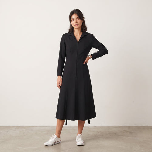 C&A Women S Midi Dress Black Belted Long Sleeve Half Zip Classic Retro