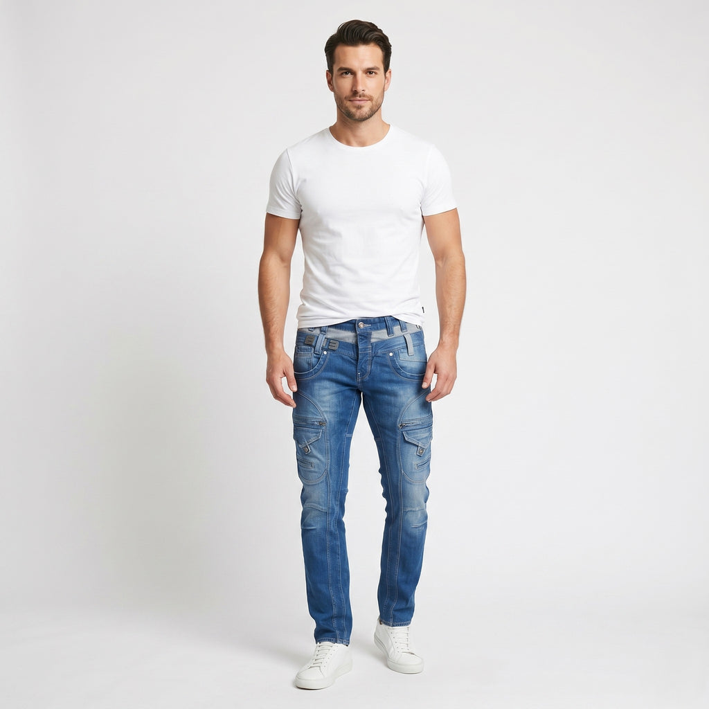 882 POLICE Men 30 Jeans Trousers Picolino Blue Denim Straight Leg Zipper Pockets Pants