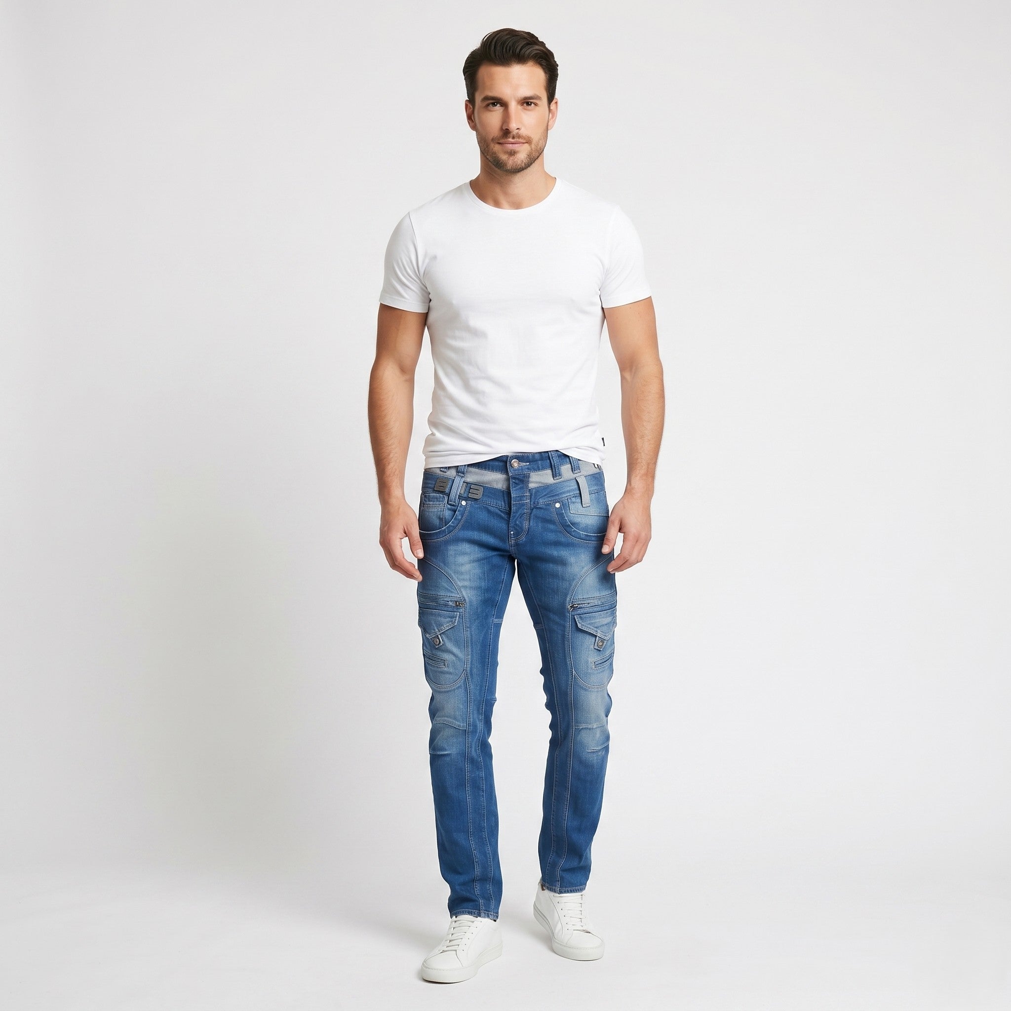 882 POLICE Men 30 Jeans Trousers Picolino Blue Denim Straight Leg Zipper Pockets Pants