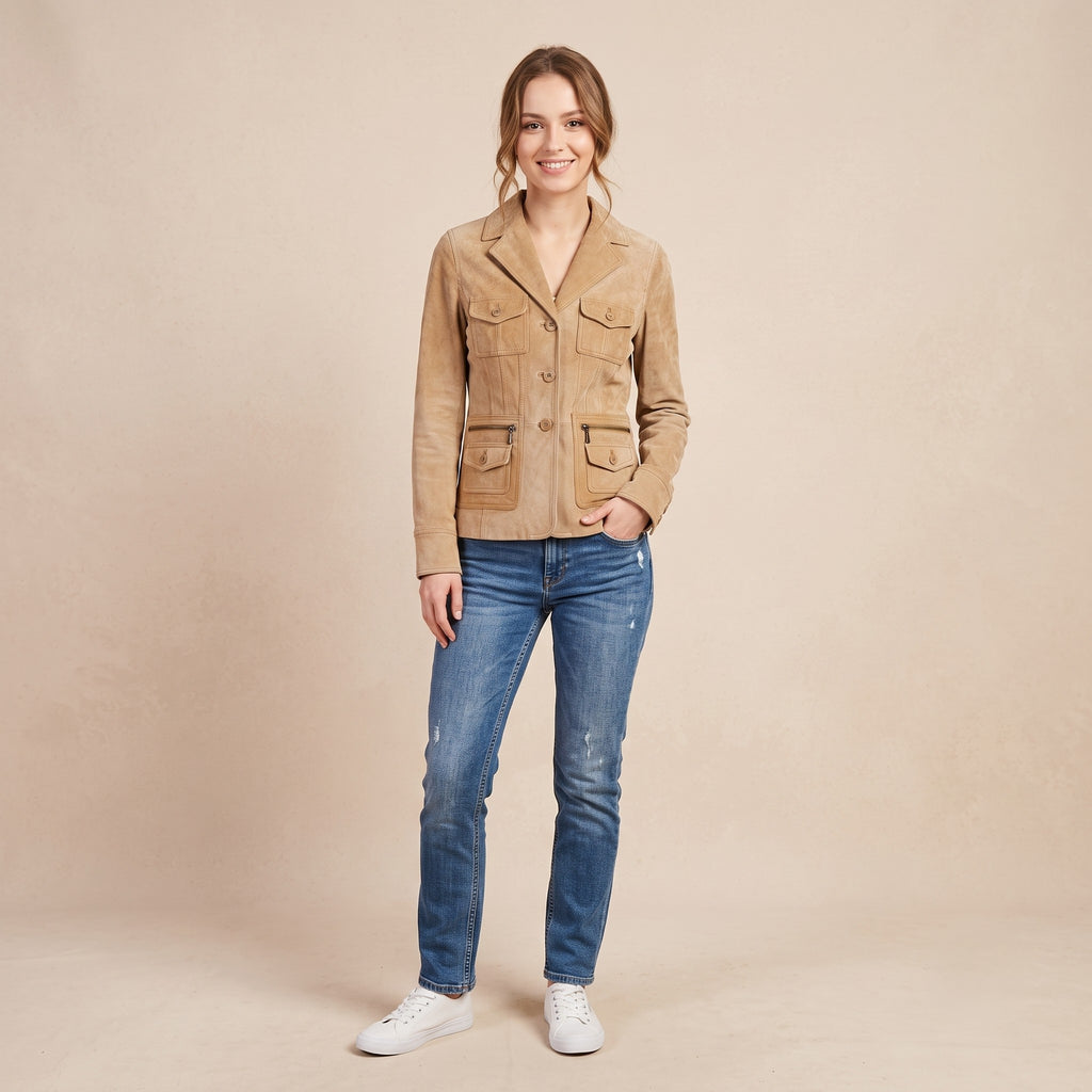 Joie de Vivre Women 10 S Jacket Beige Leather Suede Vintage Boho Shoulder Pads Top
