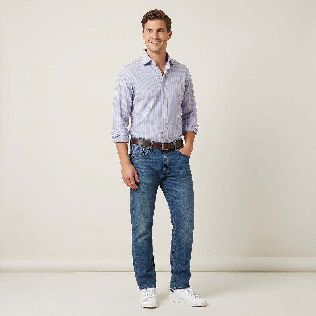 Polo by Ralph Lauren Men L Casual Shirt Blue Pink Striped Cotton Regent Custom Fit Top