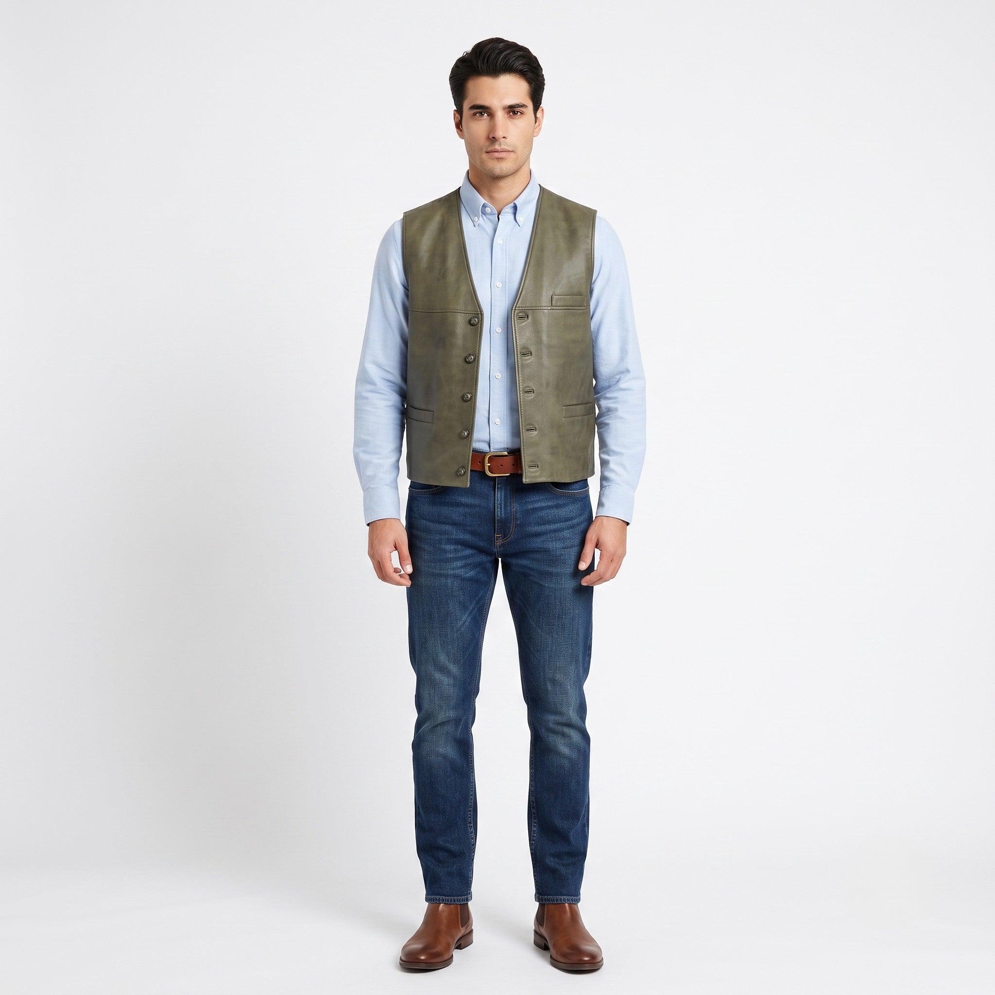 Burcardi Classic Men L Vest Green Leather Imitation Lightweight Bodywarmer