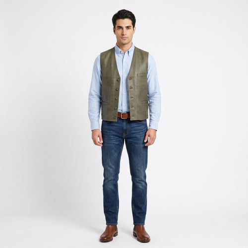 Burcardi Classic Men L Vest Green Leather Imitation Lightweight Bodywarmer