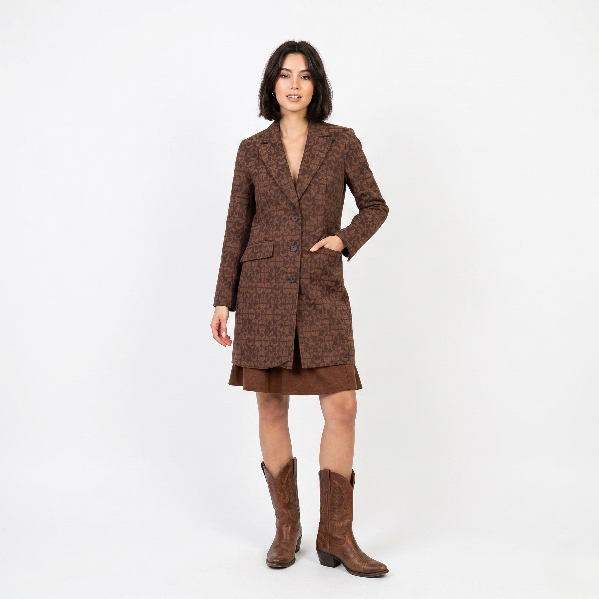 More & More Woman 36 S Coat Brown Cotton Single Breasted Geometric Print Vintage Top