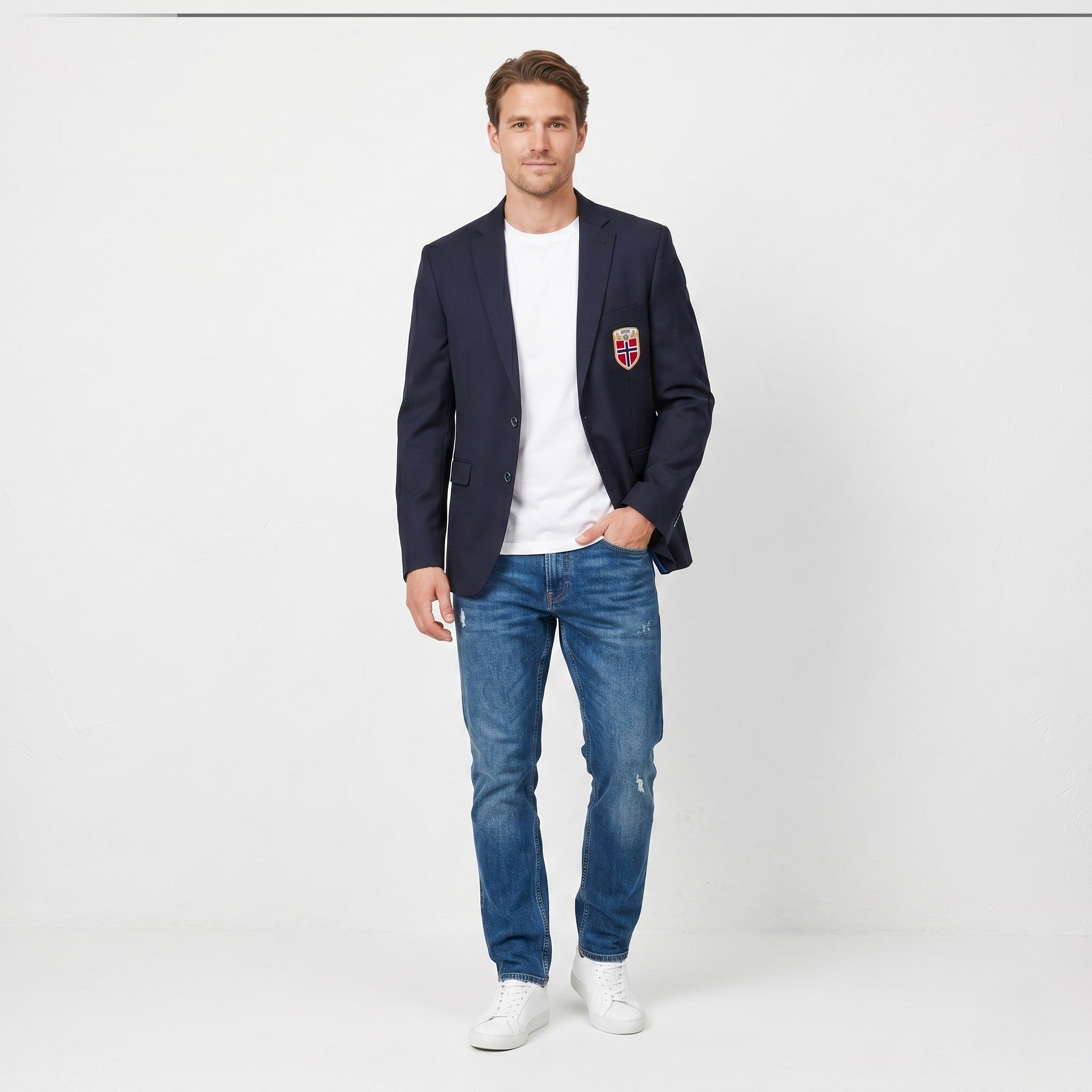 Giovani Men 38 48 Blazer Navy Wool Italia Norges Fotballforbund Single Breasted Jacket