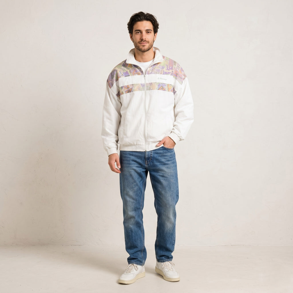 Giorgio Vincenzo Men L Jacket White Vintage Printed Nylon Full Zipper Bomber Top