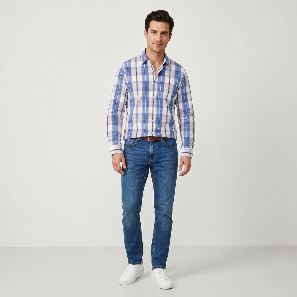 Thomas Pink London Men L Casual Shirt Blue Cotton Check Long Sleeve Top