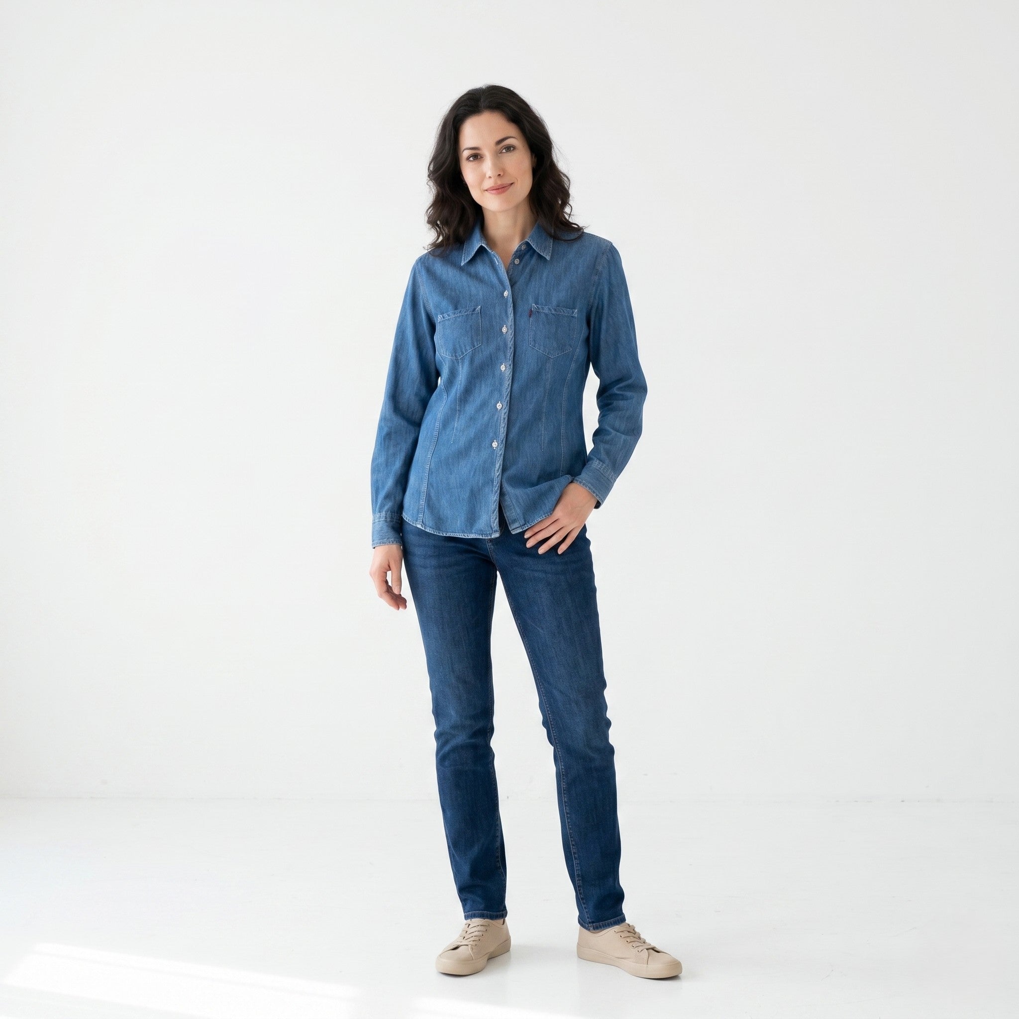 Giani Feroti Women M Casual Shirt Blue Denim Cotton Long Sleeve Lady Line Top