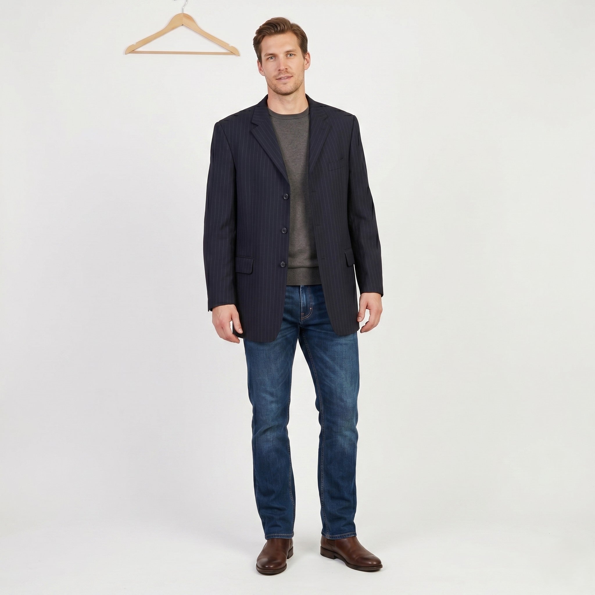Pierre Cardin Men 44 54  Blazer Vintage Long Navy Striped Wool Single Breasted Jacket