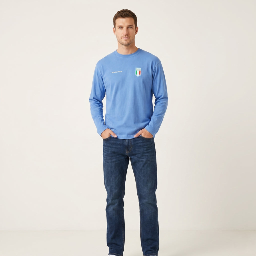 Revolution Men L Shirt Longsleeve Blue Cotton Italia Vodka Sport Top