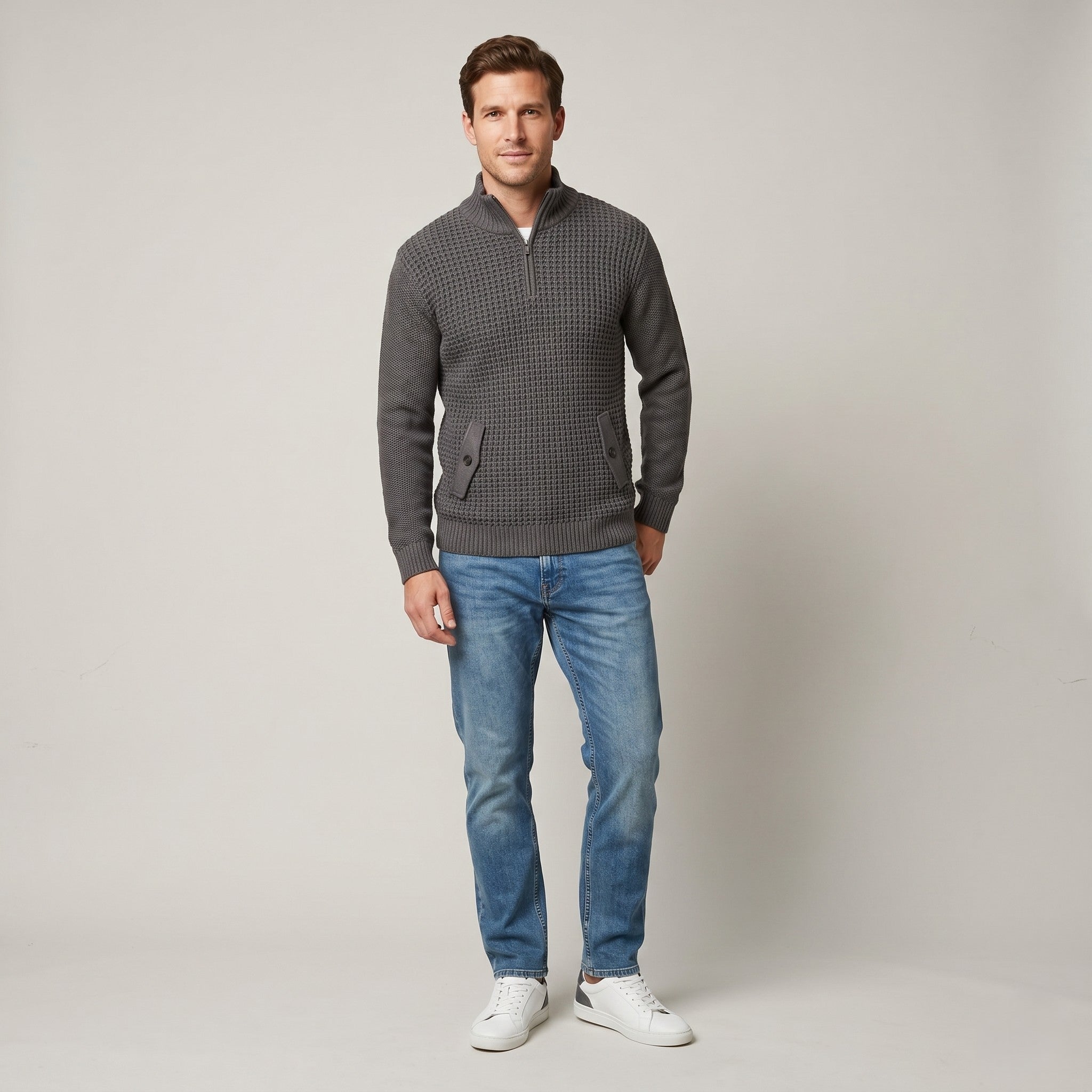 Original Penguin Men L Jumper Grey Cotton Blend Knit Zip Neck Pockets Sweater