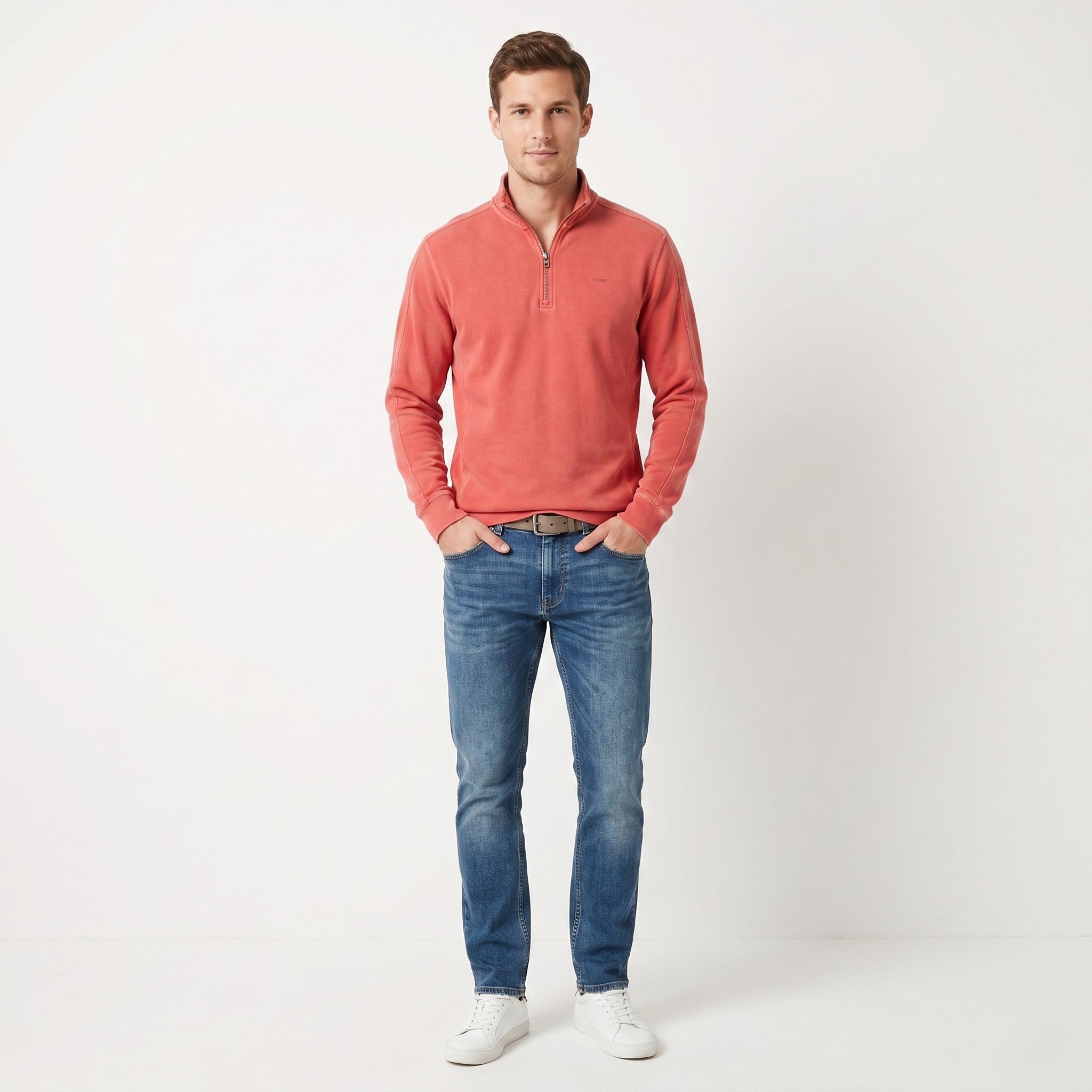 Calvin Klein Men L Jumper Red Collar Zip Neck Logo Cotton Sweater Top