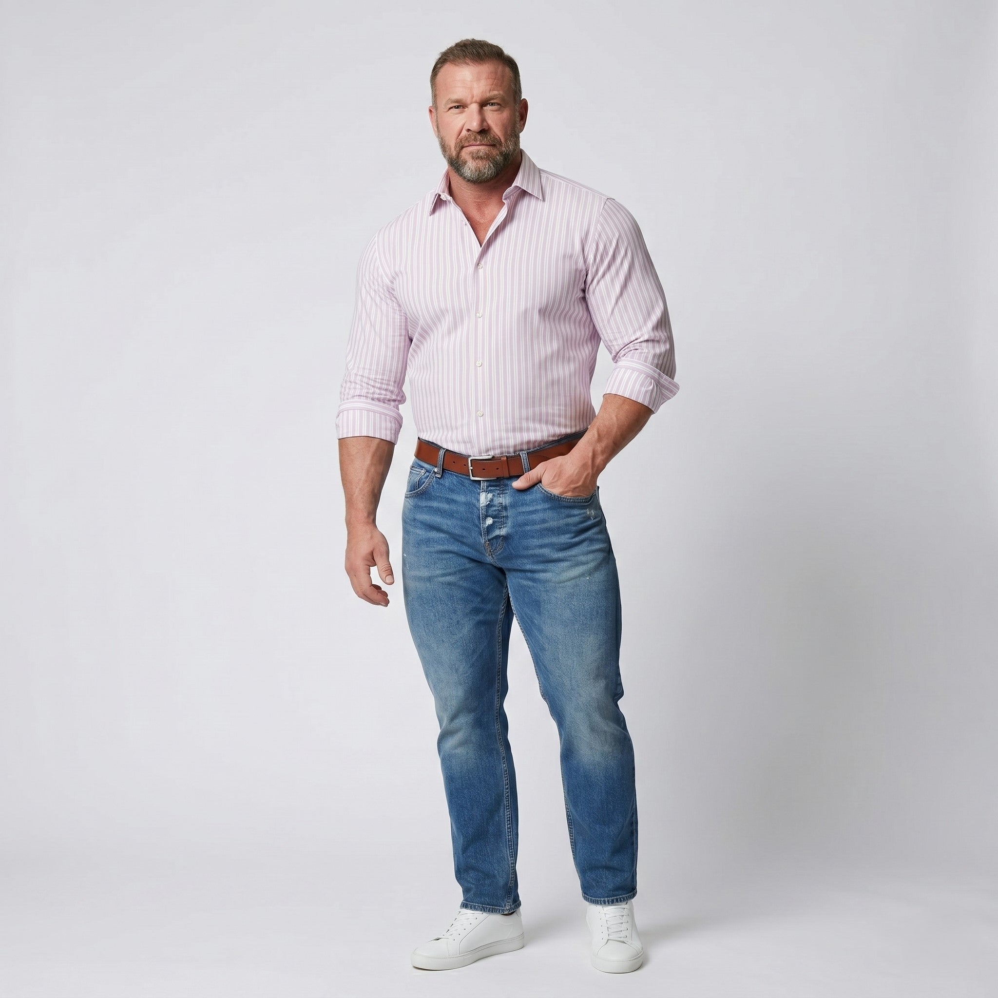 Hugo Boss Men 44 17 1/2 XL Casual Shirt Striped Pink Long Sleeve Cotton  Collar Bottoms Elegant Top