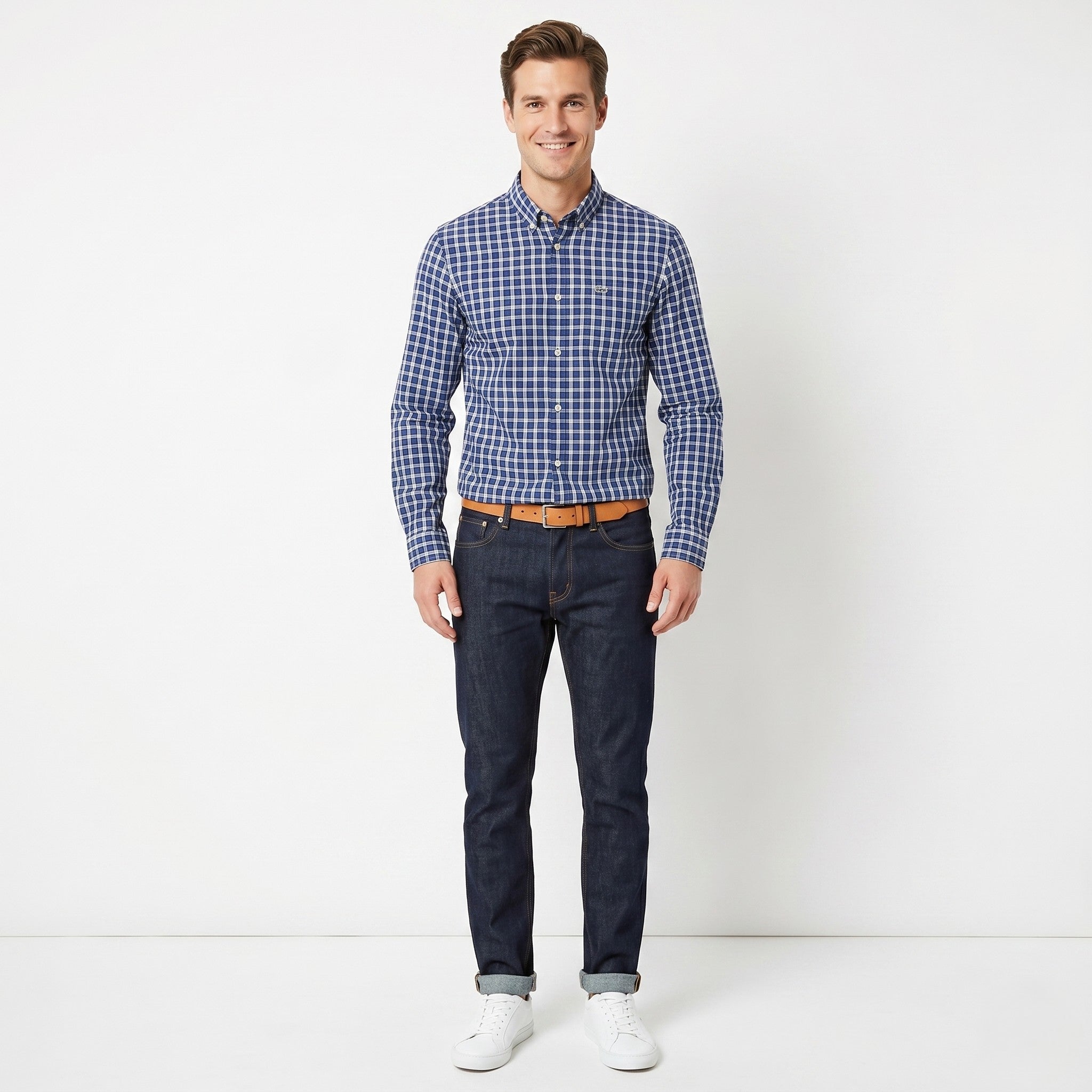 Lacoste Men 39 S/M Casual Shirt Blue Check Cotton Refular Fit Long Sleeve Top